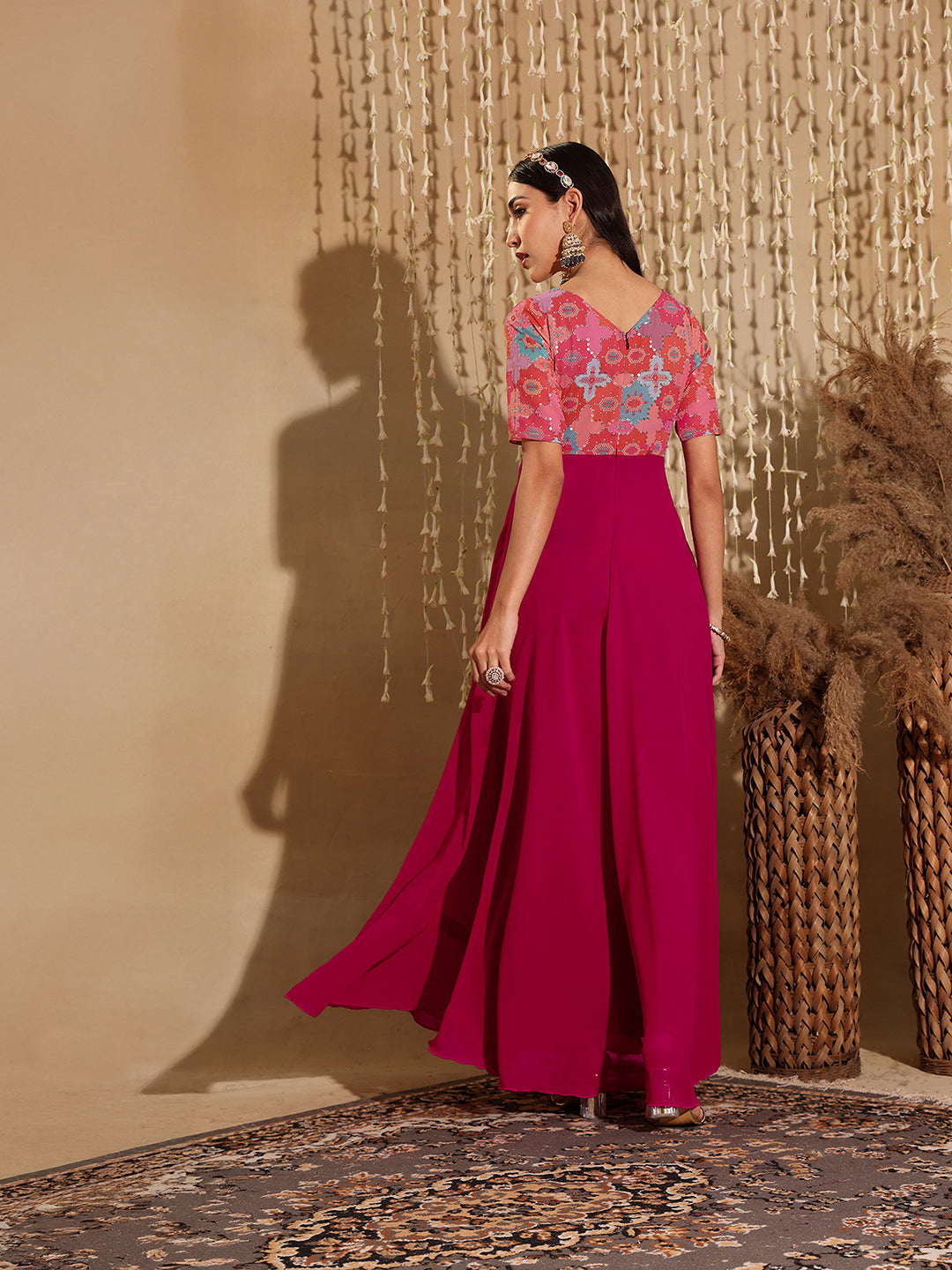 Dark Pink Boat Neck Half Sleeves Geometric Printed Maxi Dress Long Dress Frock