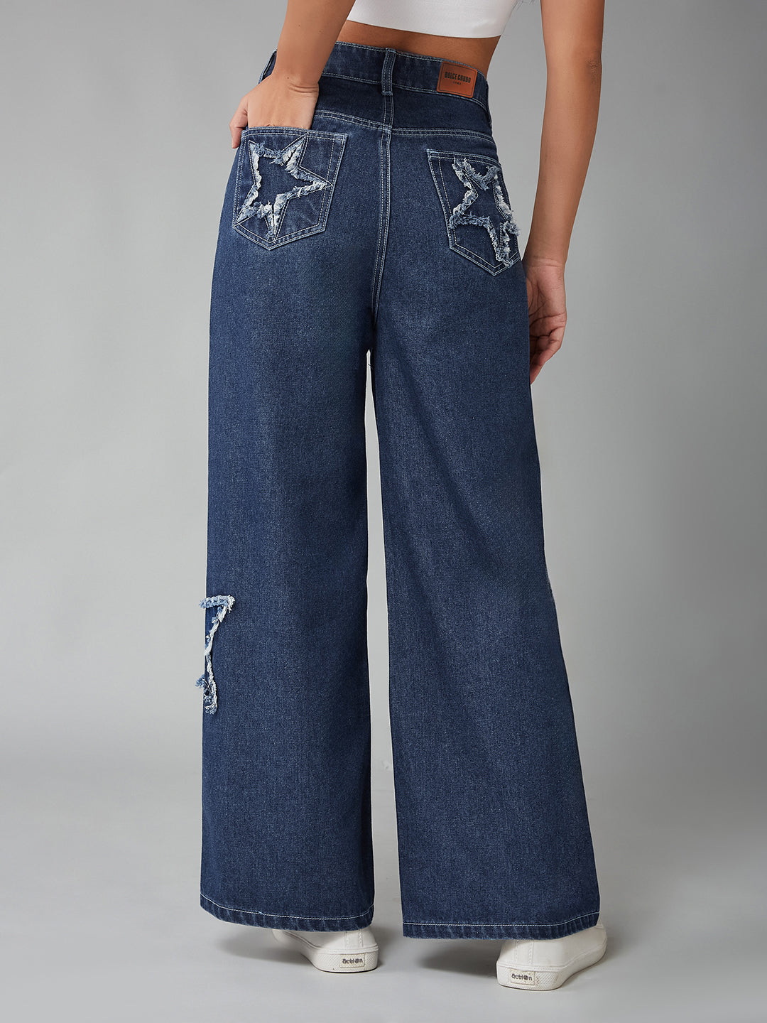 Women's Navy Blue High-Rise Mildly-Distressed Regular-Length Stretchable Denim Wide-leg Jeans