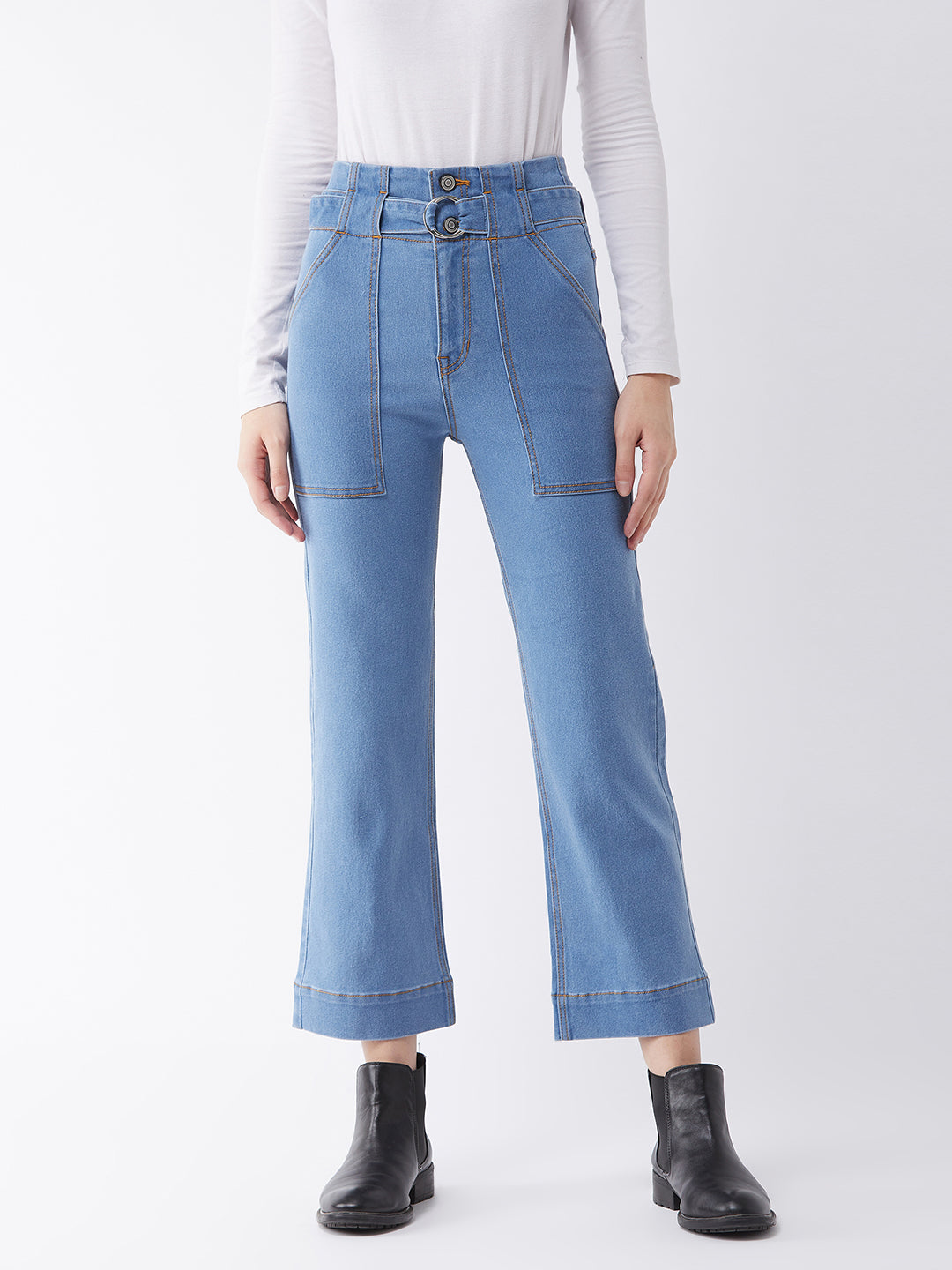 Women's Light Blue flared High-Rise Clean-Look Cropped Stretchable Denim Jeans