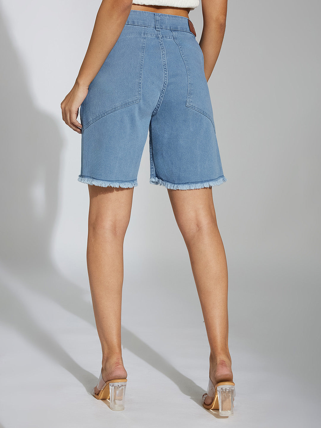 Light-Blue High-Rise Above Knee Stretchable Denim Shorts for Women