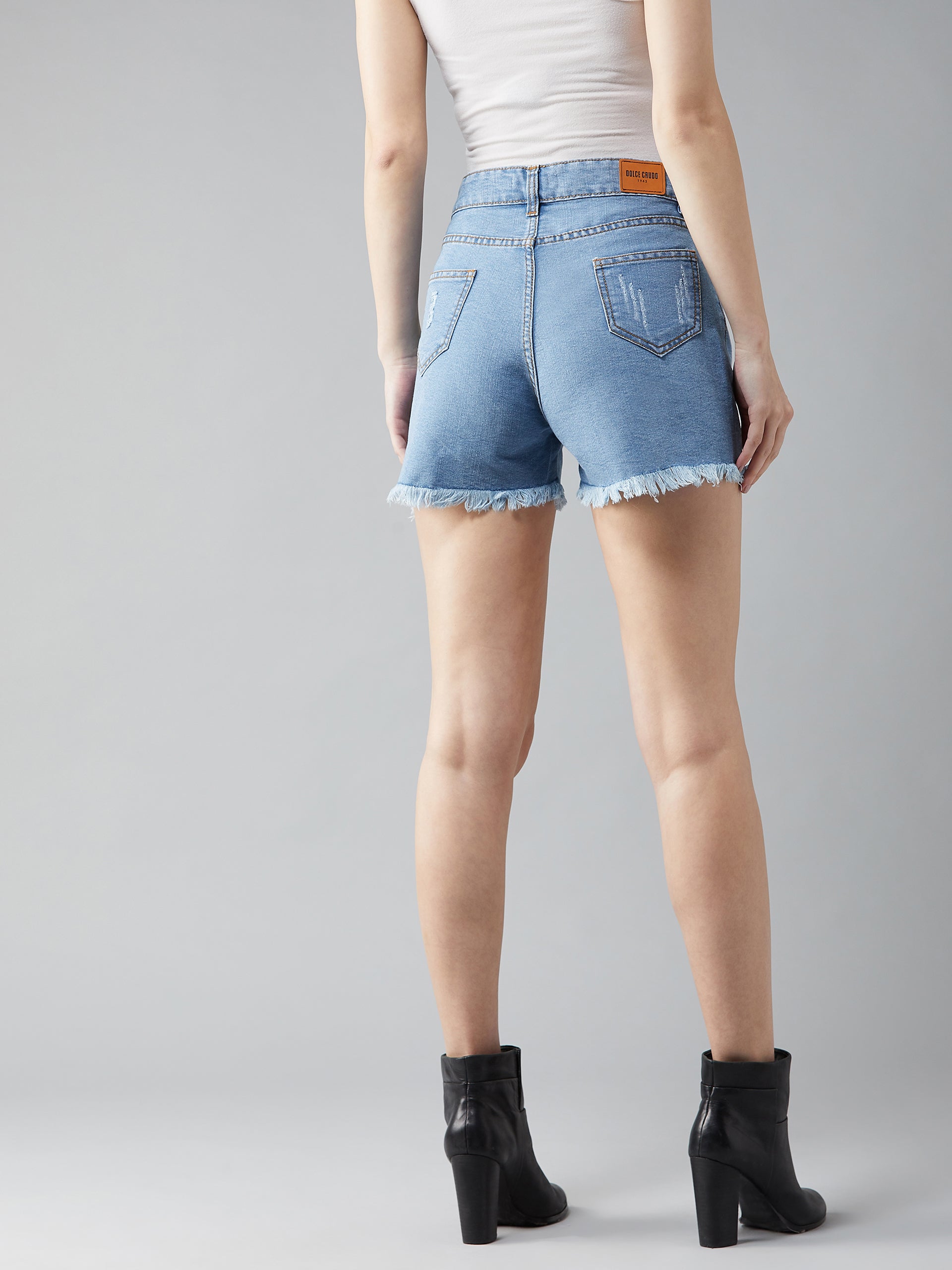 Women's Blue Relaxed Fit Highly Distressed Mid Rise Ripped Denim Shorts