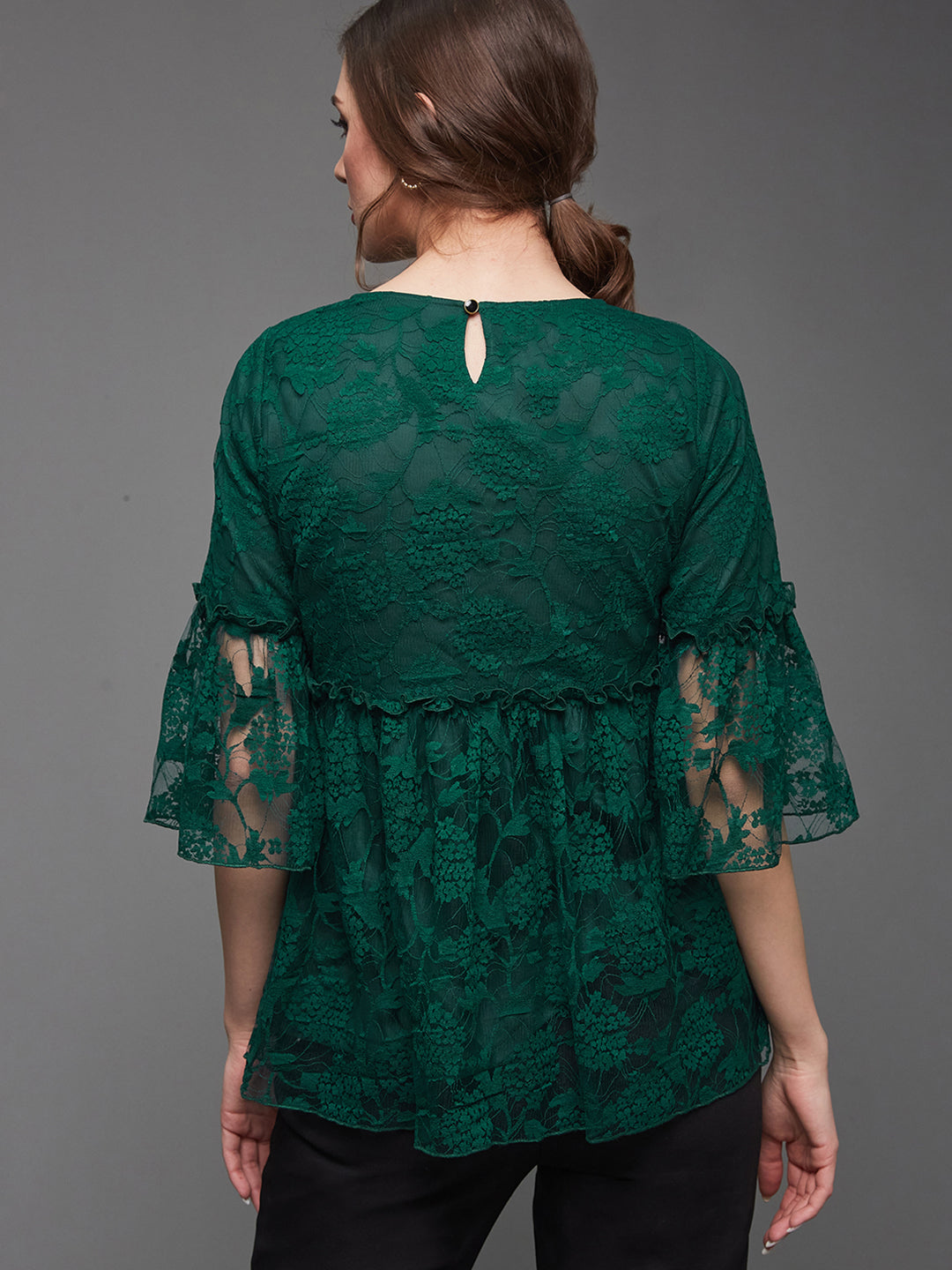 Women's Forest Green Relaxed Fit Regular Lace Top