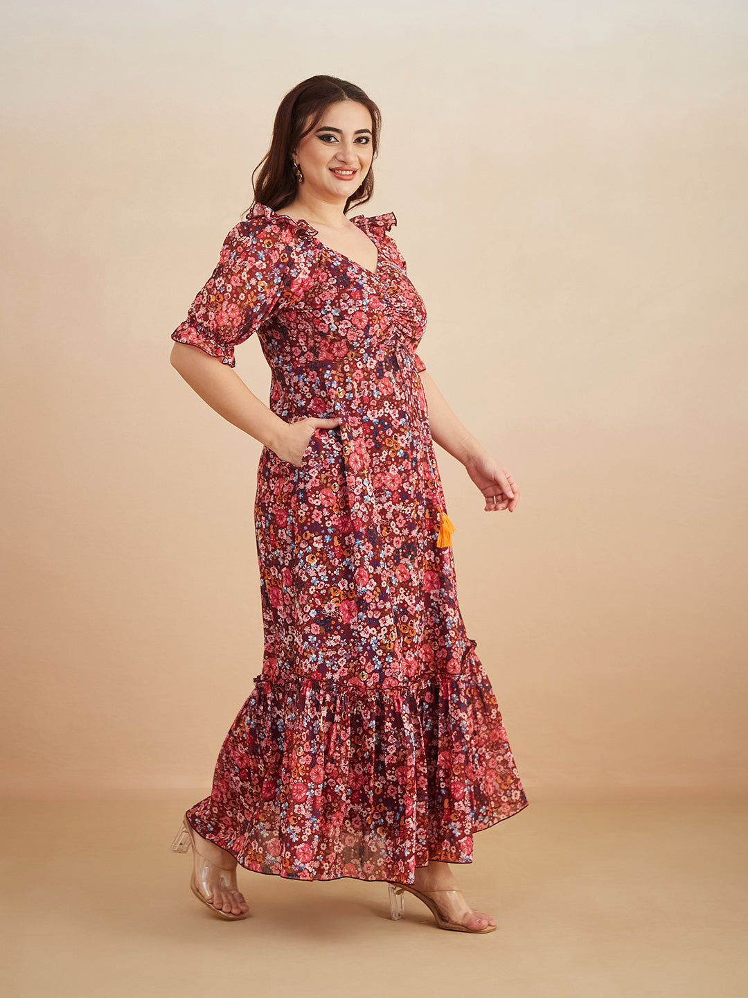 Multicolored-Base-Wine V-Neck Puff Sleeve Floral Ruching Ankle-Length Dress for Women