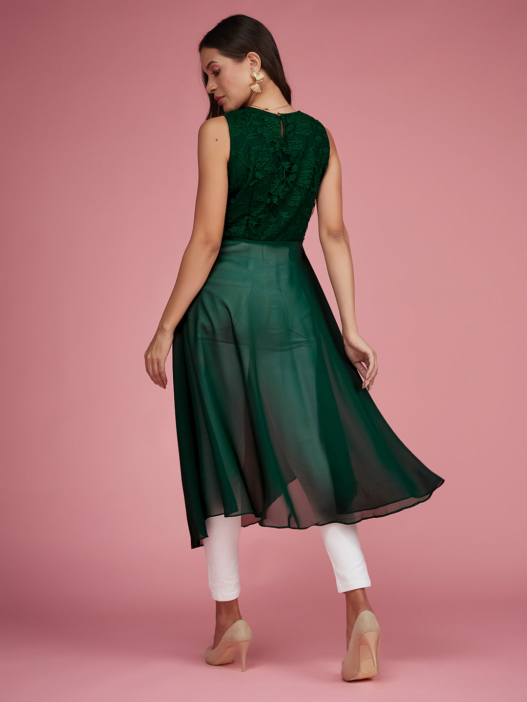 Women's Forest Green Round Neck Sleeveless Solid Lace Overlaid Maxi Top