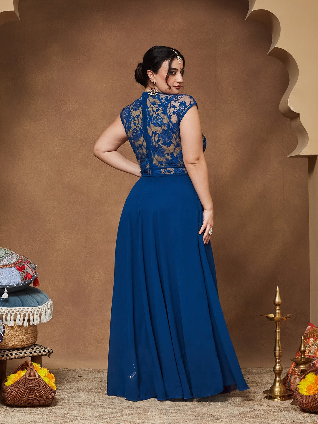 Royal Blue Sweet-Heart Neck Cap-Sleeve Floral Fit & Flare Georgette Maxi Dress for Women