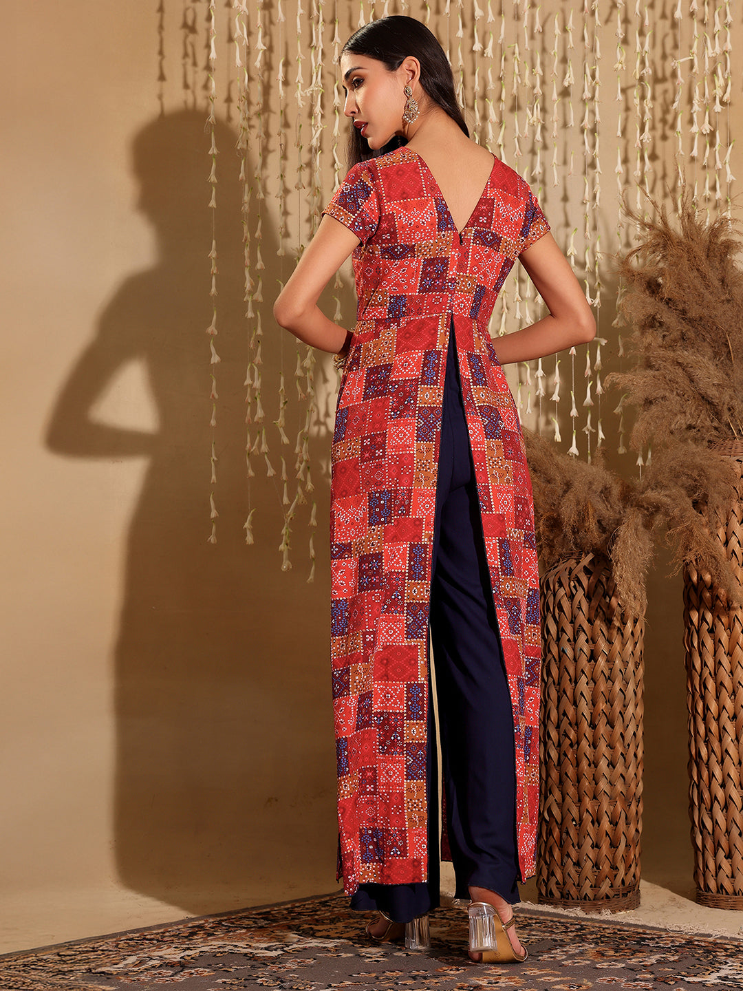 Women's Multicolored Keyhole-Neck Regular-Sleeve Bohemian Paneled Viscose-Rayon Regular-Length Jumpsuit