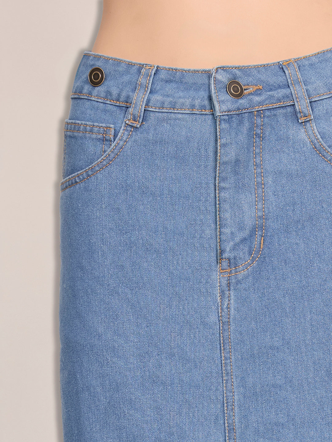 Women's Blue Square Neck Sleeveless Solid Pinafore Detachable Midi Denim Co-Ord Set