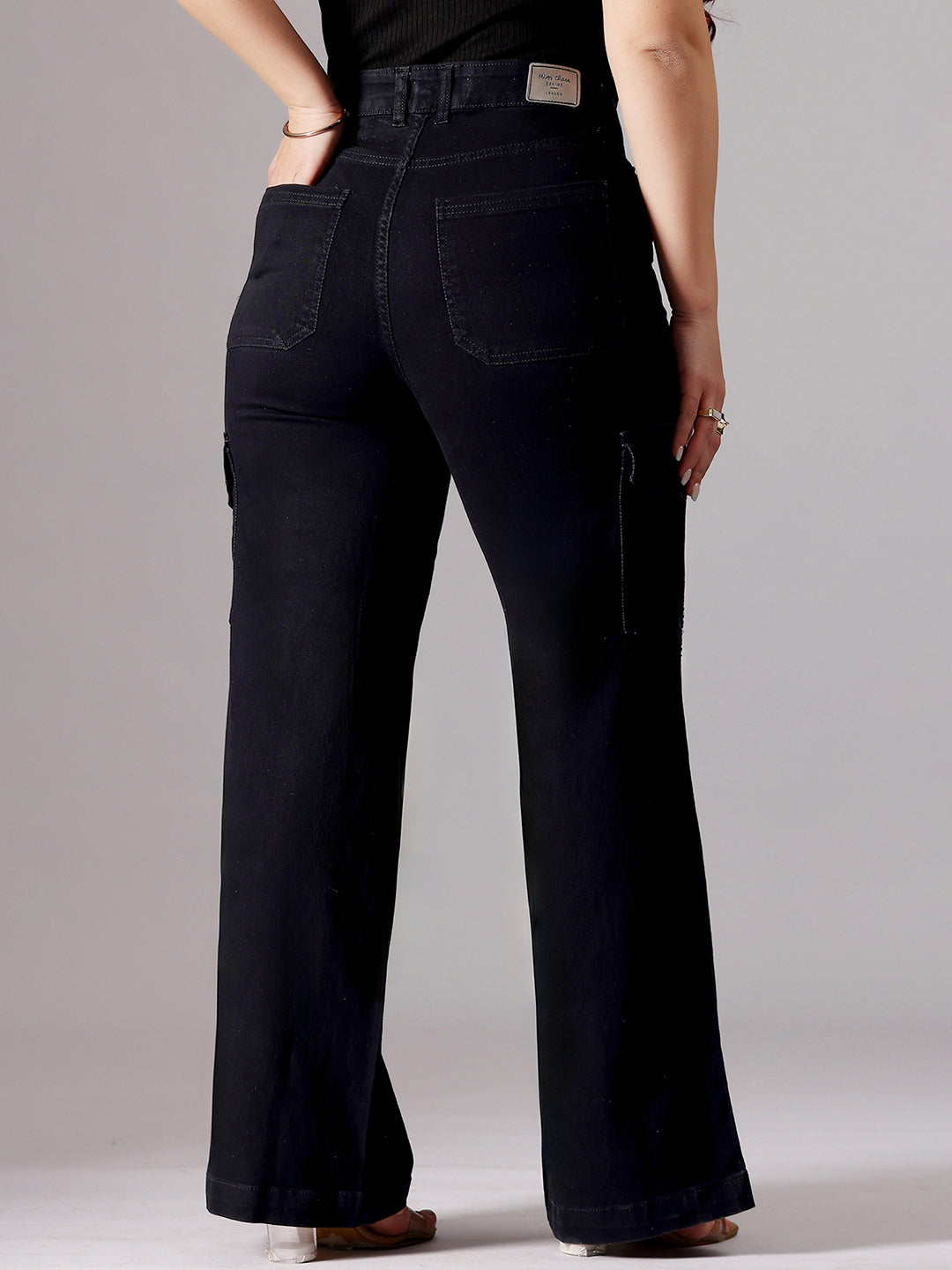 24/7 Comfort Black Wide-Leg High-Rise Clean-Look Regular-Length Stretchable Denim Jeans