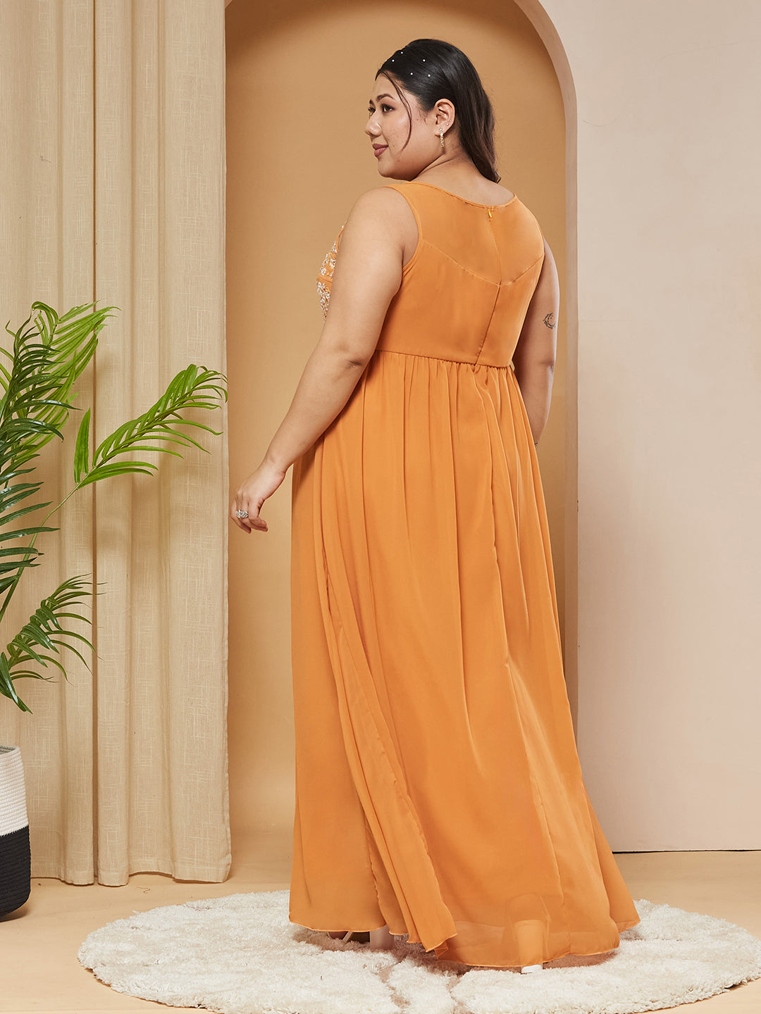 Dusty Orange Boat-Neck-Sleevesless Embroidered Georgette Gathered Maxi Dress for Women