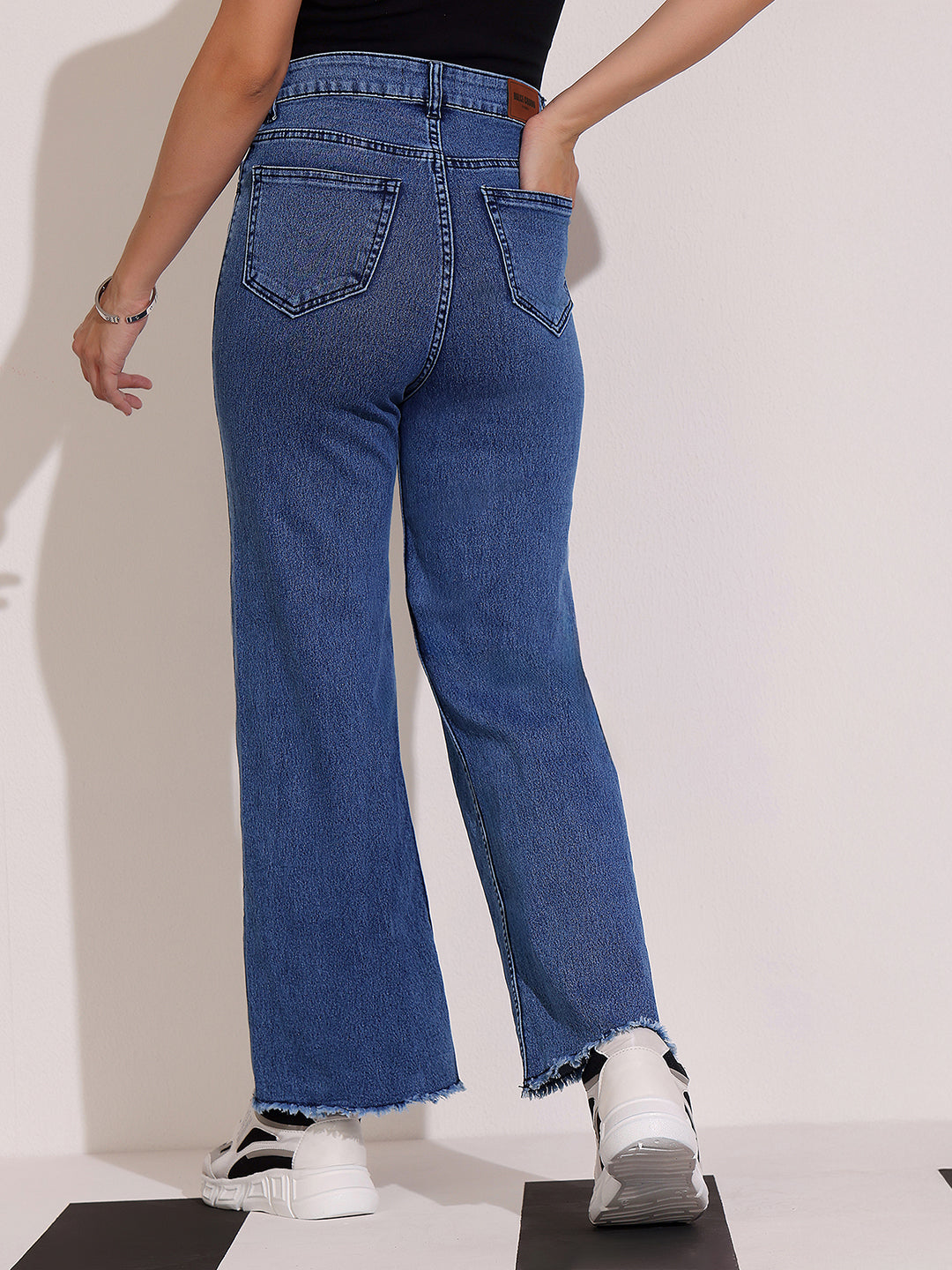 Women's Navy-Blue Wide-Leg High Rise Regular-Length Stretchable Denim Jeans