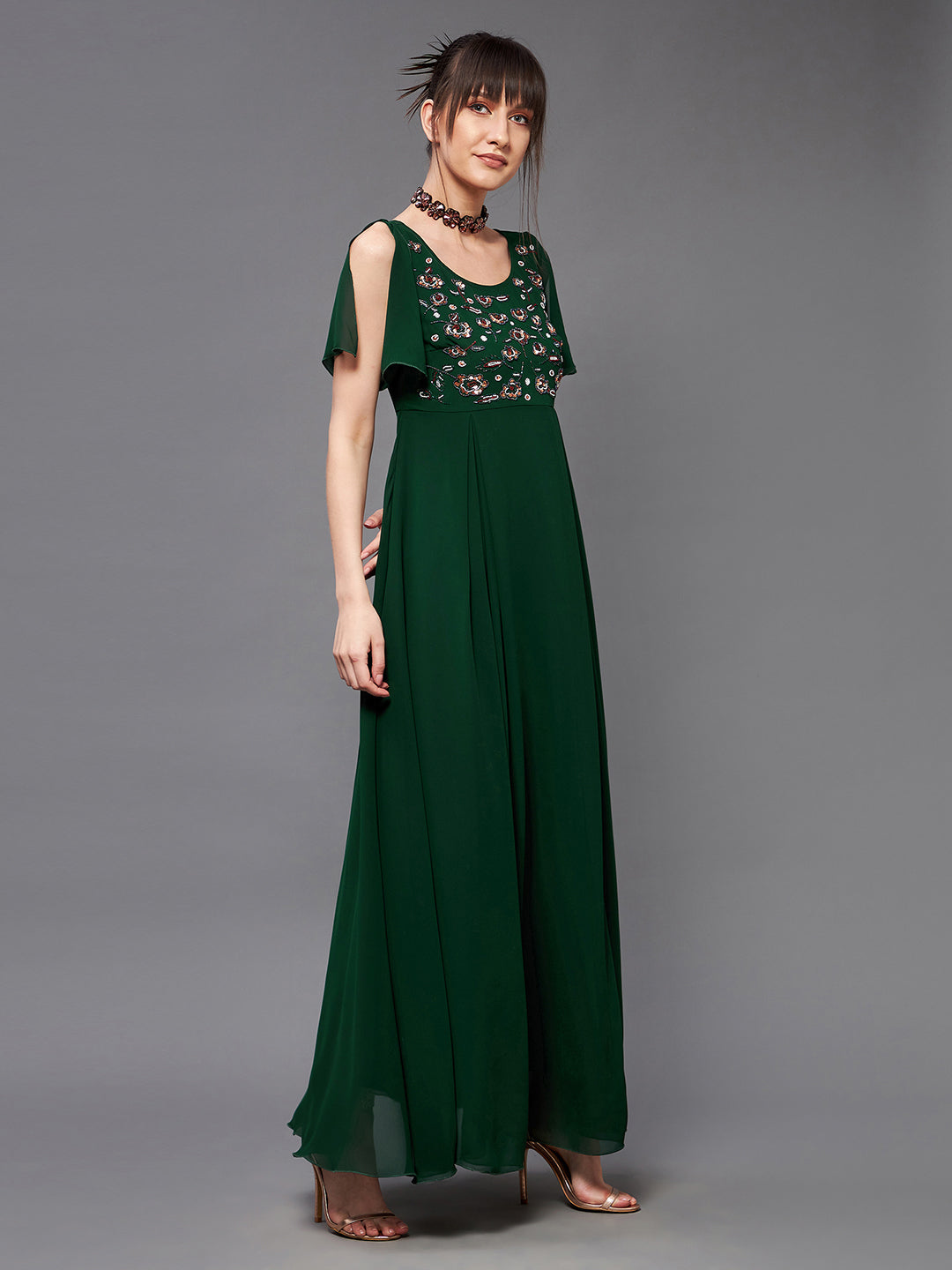 Women's Dark Green Round Short Slit Sleeve Solid Embellished Georgette Maxi Dress