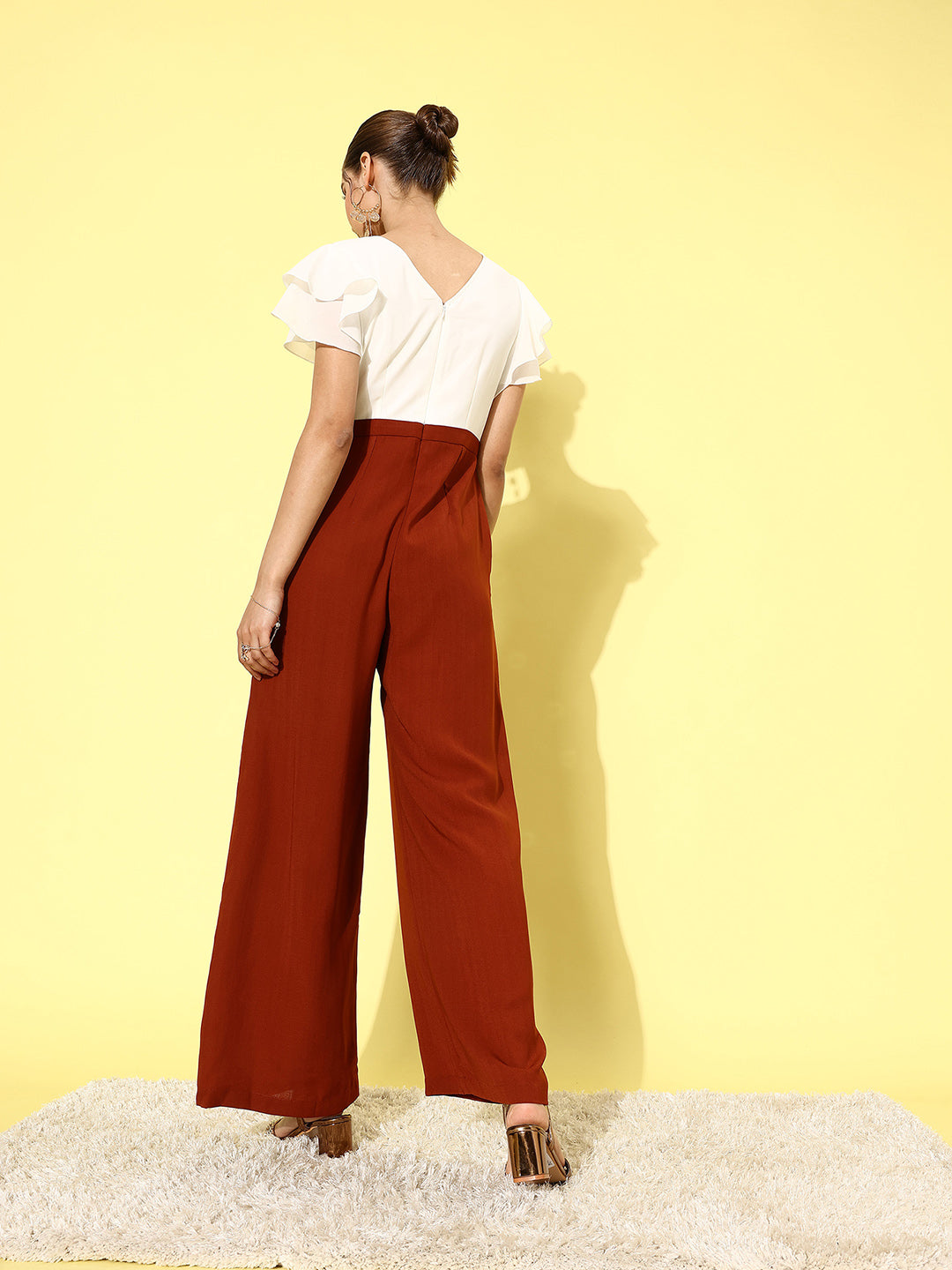 Women's Off White & Rust Round Neck Extended Sleeve Embellished Regular Jumpsuit