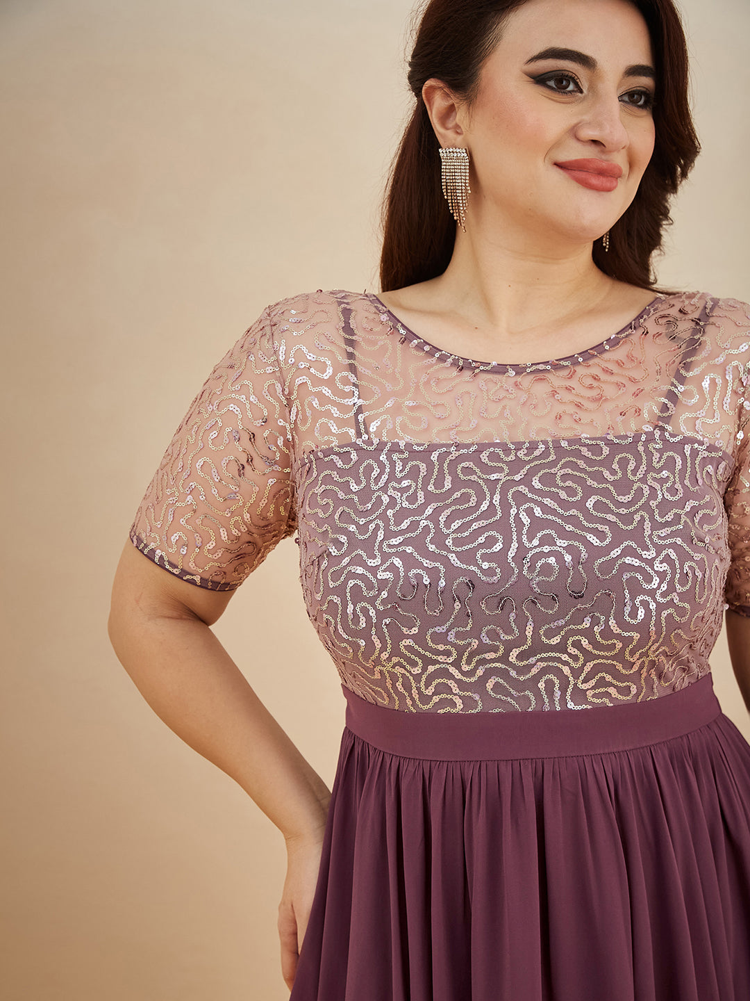 Mauve Relaxed Fit Maxi Georgette & Sequins Dress for Women