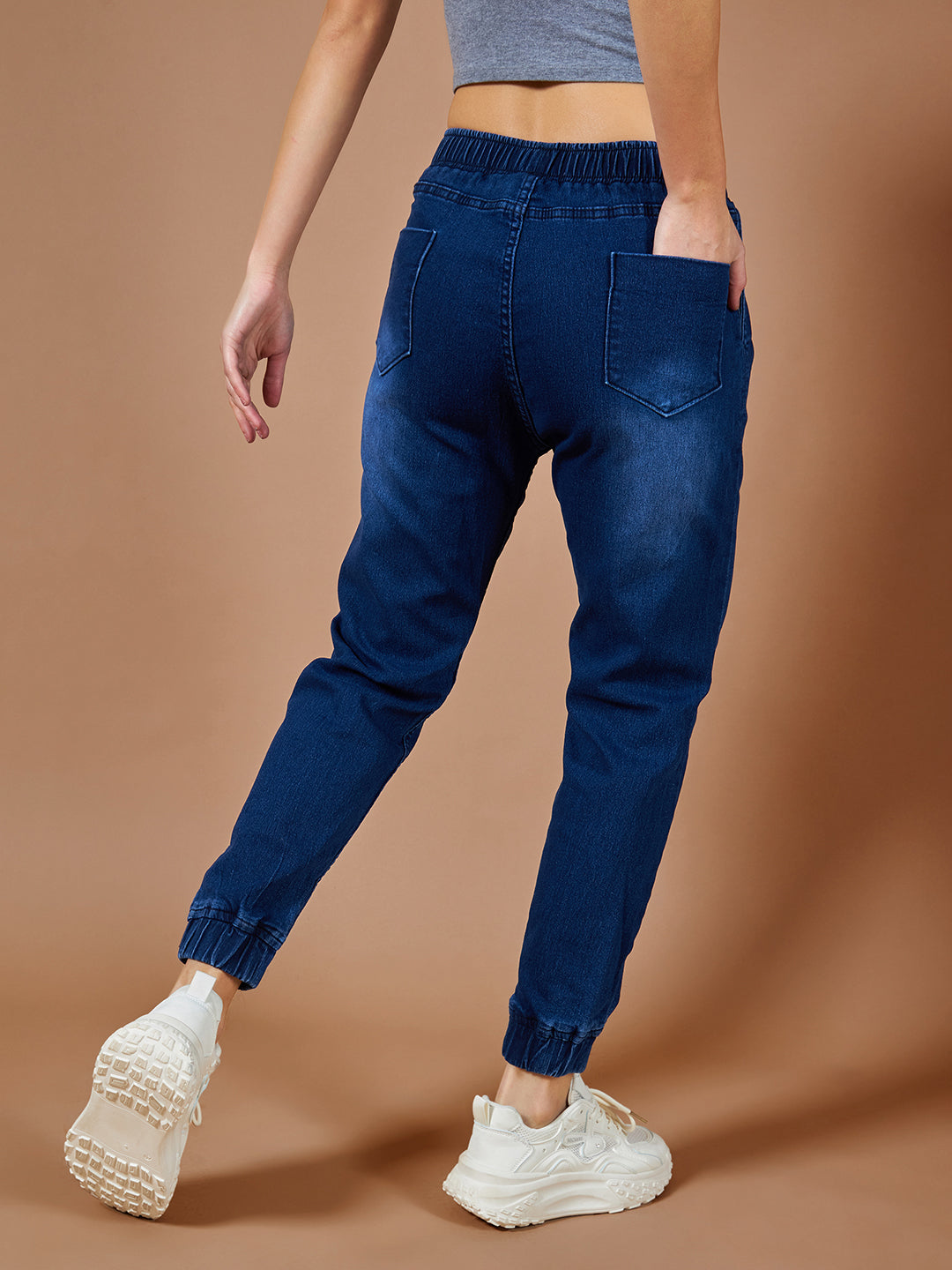 Women's Navy Blue Solid Mid Rise Clean-Look Regular Length Stretchable Denim Jogger Pants