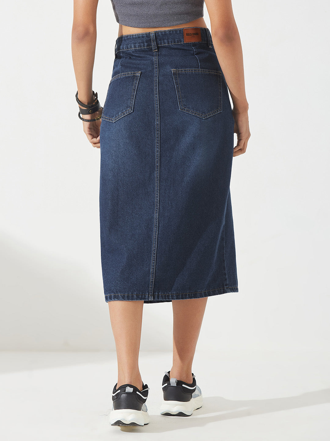 Dark Blue A-Line High-Rise Non-stretchable Denim Midi Skirt for Women