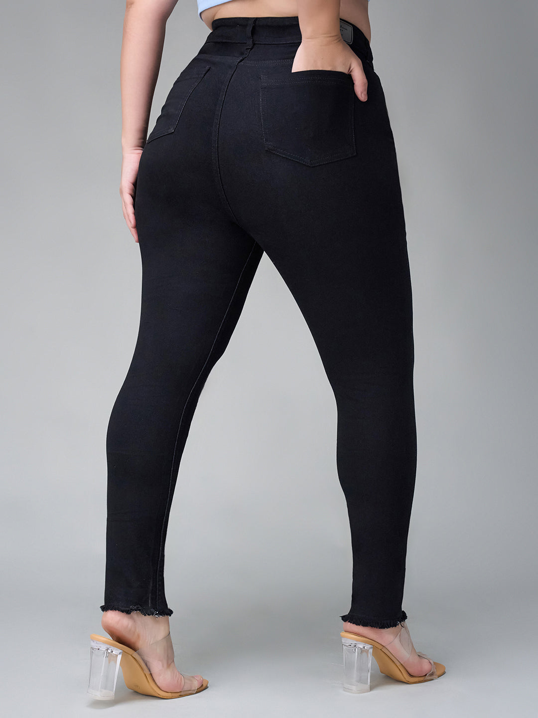 24/7 Comfort Black Skinny Fringed Detailing High-Rise Solid Cropped Stretchable Denim Jeans