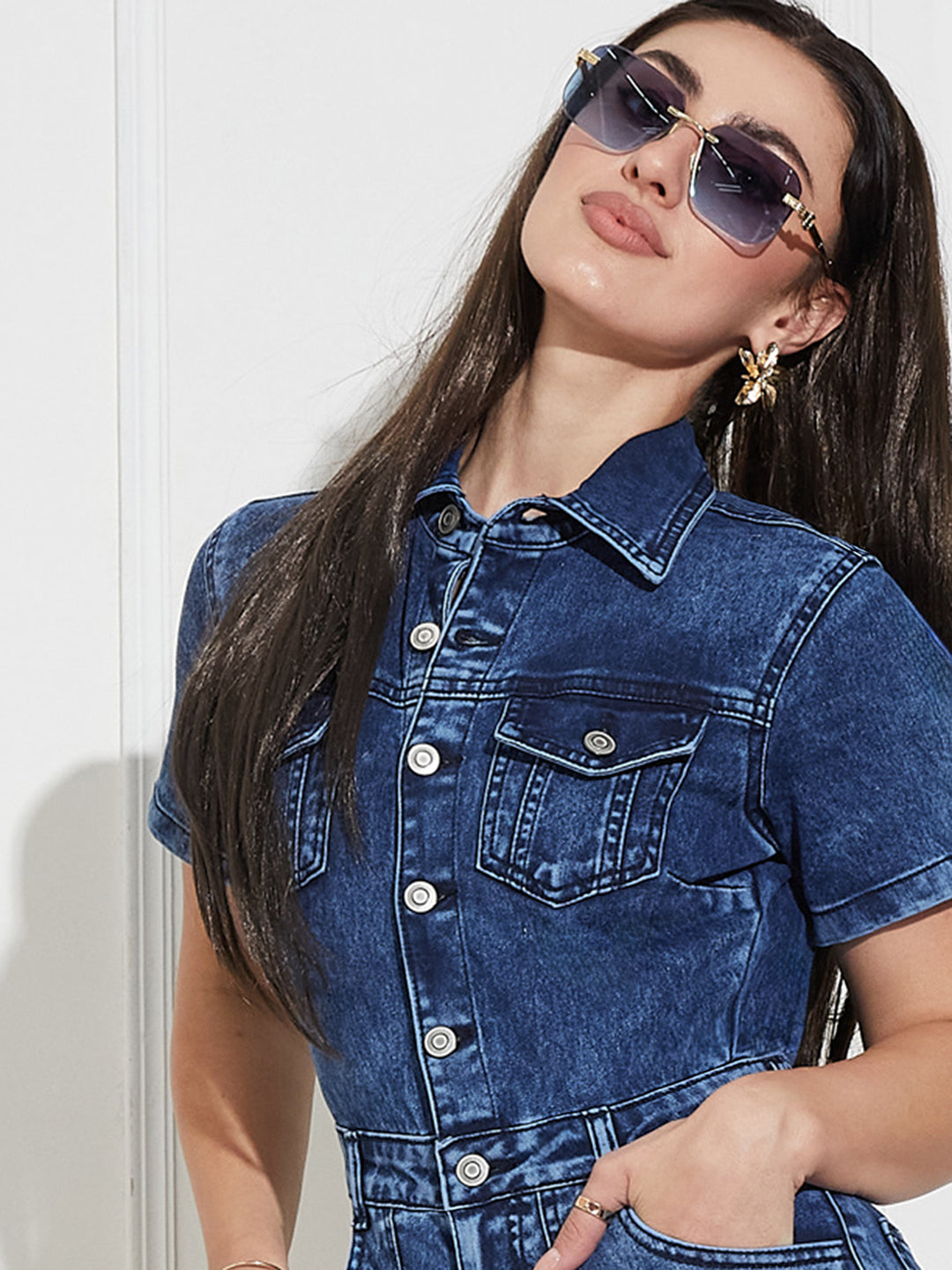 Women's Black Flared High Rise Regular Stretchable Denim Jumpsuit