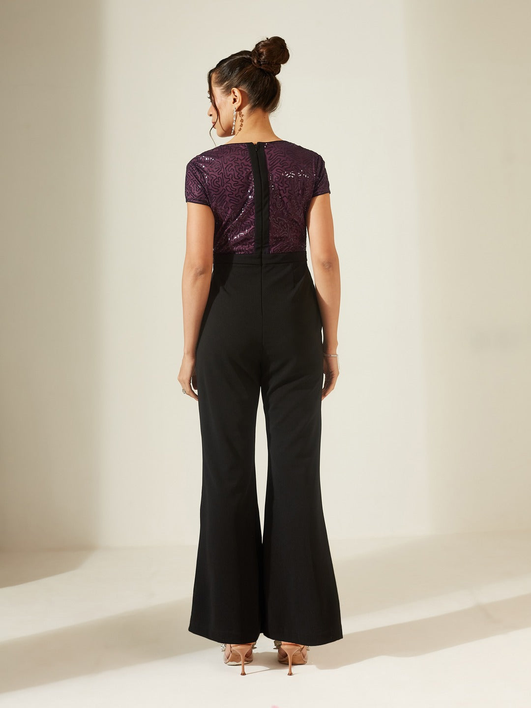 Black V-Neck Short Sleeve Embellished Wrap Regular-Length Polyester Jumpsuit for Women