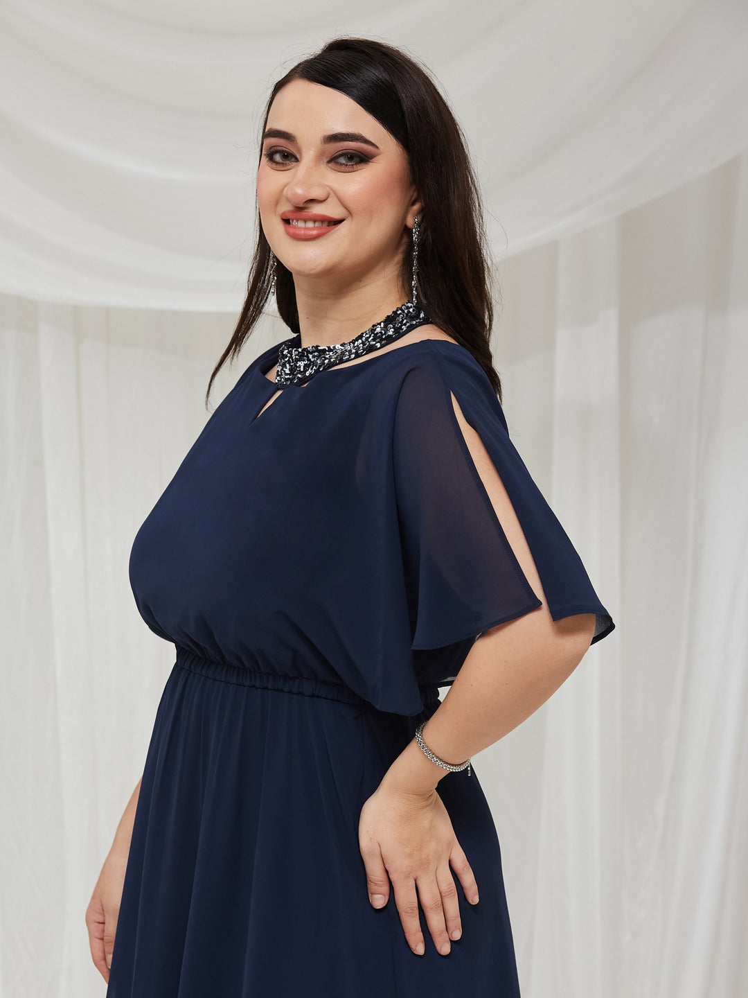 Navy Blue Round Neck Flared Solid Embellished Choker/Gathered Maxi Dress for Women — Miss Chase A+