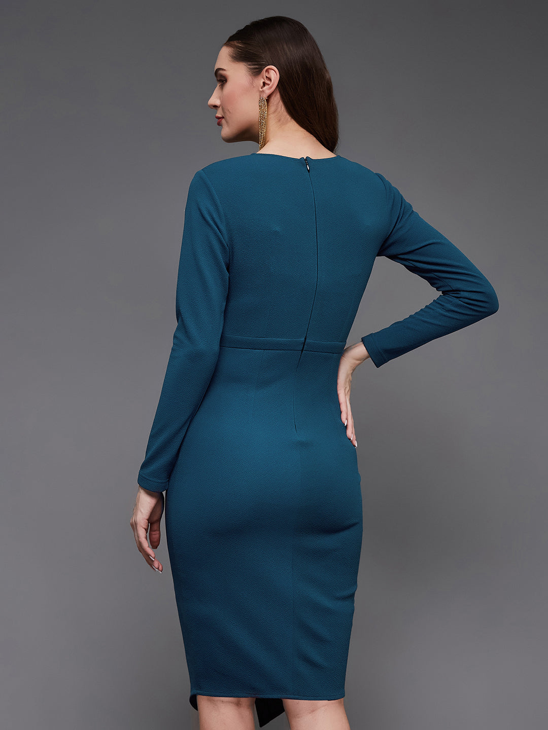 Women's Teal V-Neck Full Sleeve Solid Wrap-Styled Polyester Knee-Long Dress