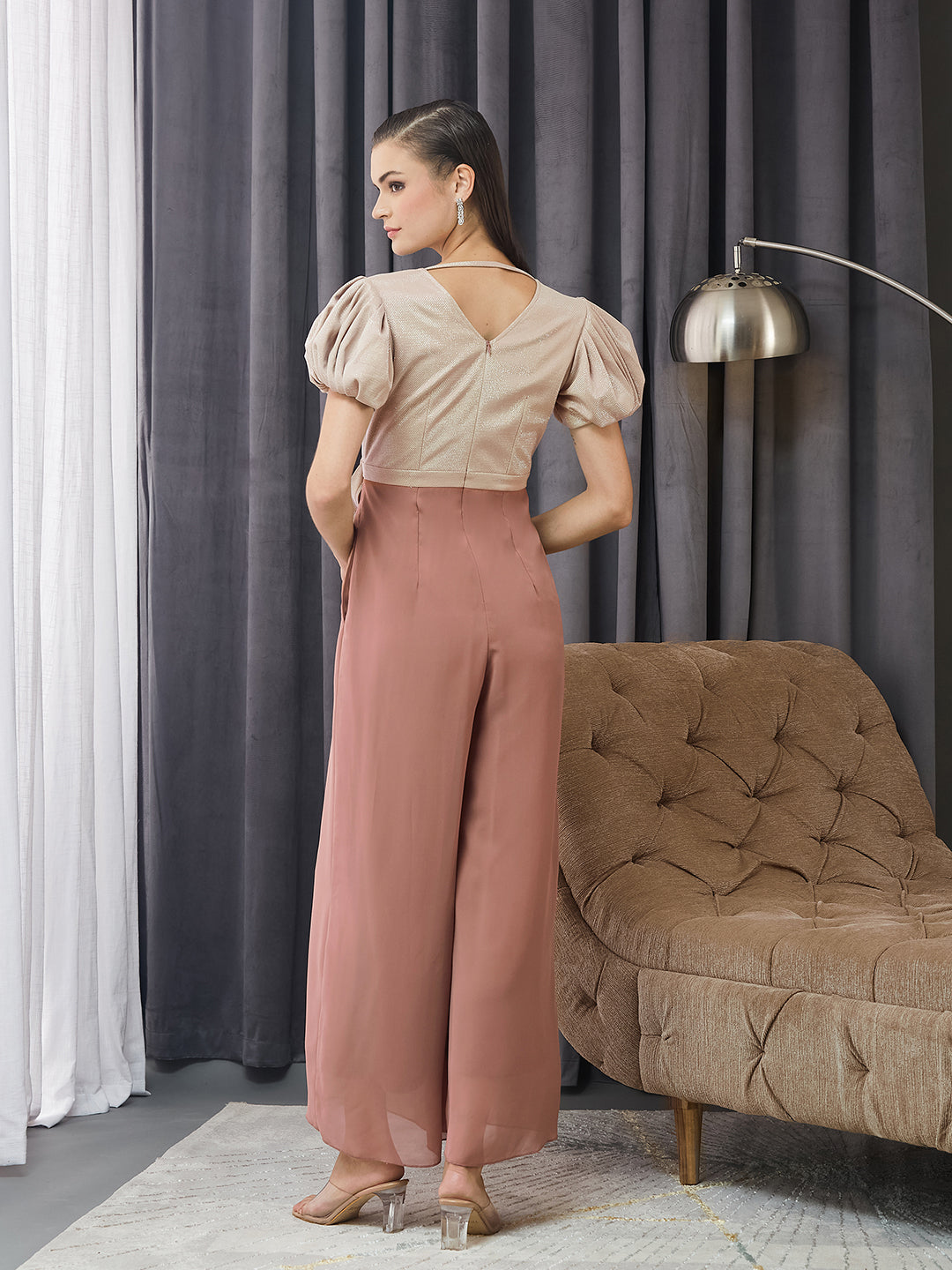 Women's Dusty Peach V-Neck Half Sleeve Embellished Wrap Regular Jumpsuit