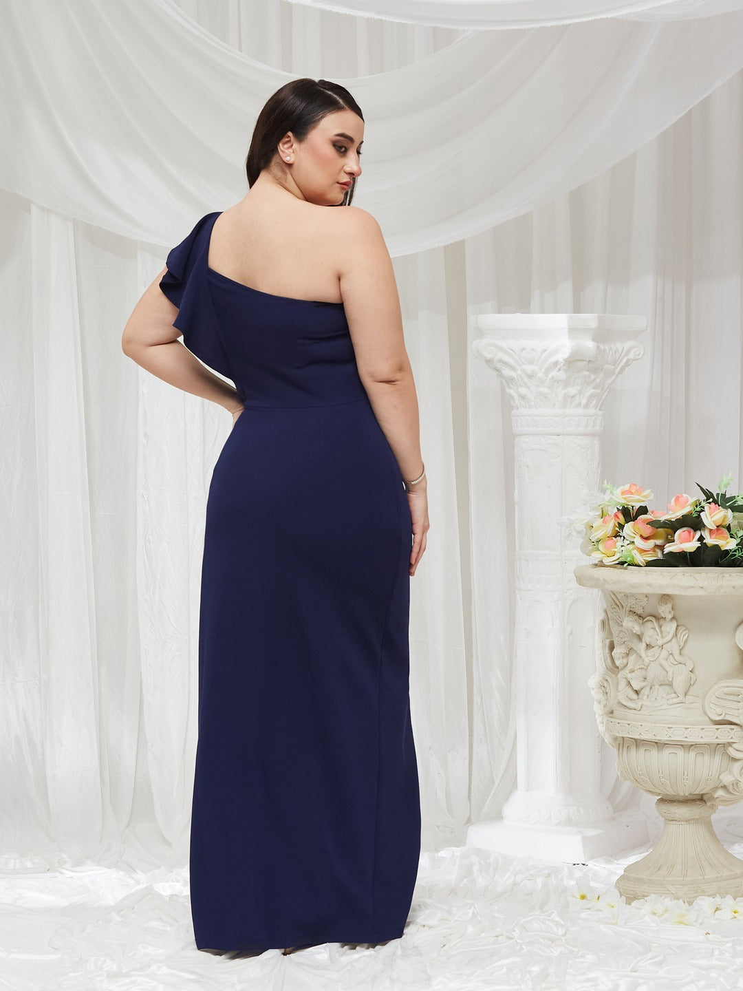 Navy Blue Solid One Shoulder Sleeveless Ruffled Maxi Dress for Women — Miss Chase A+