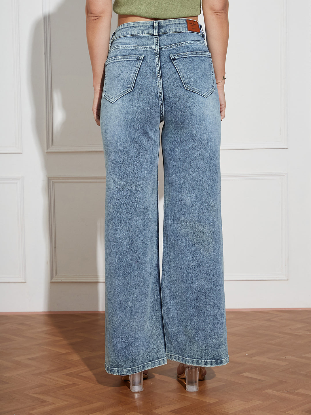 Women's Light Blue High Rise Clean Look Regular-Length Stretchable Denim Wide Leg Shaping Jeans