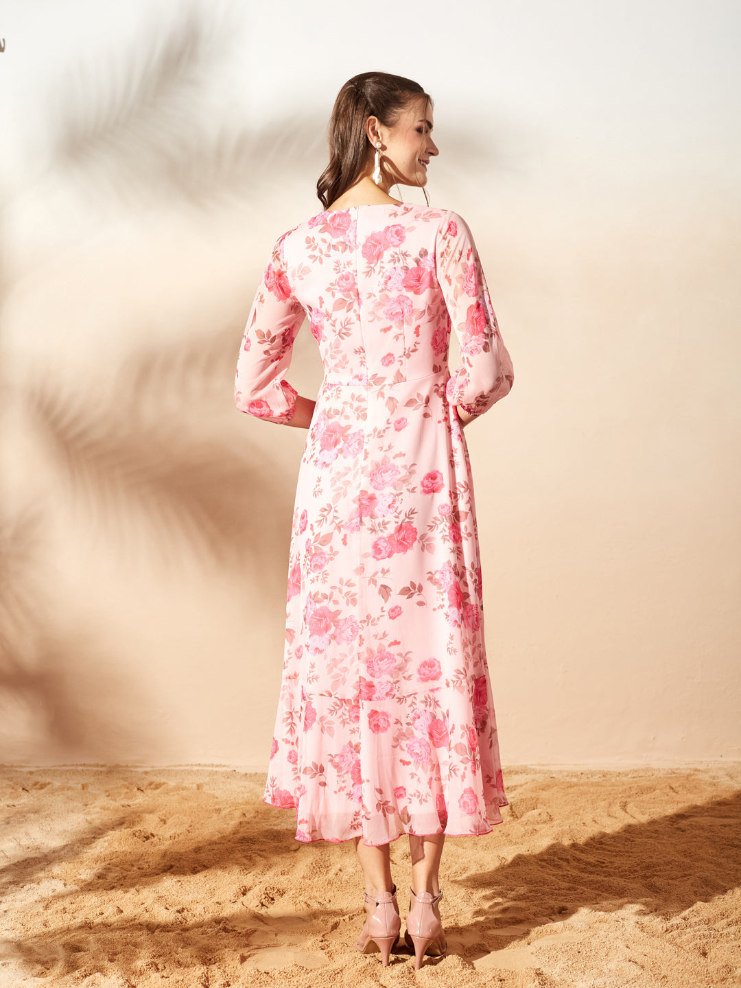 Pink Floral V-Neck 3/4 Sleeve Wrap Midi Chiffon Dress for Women — Miss Chase