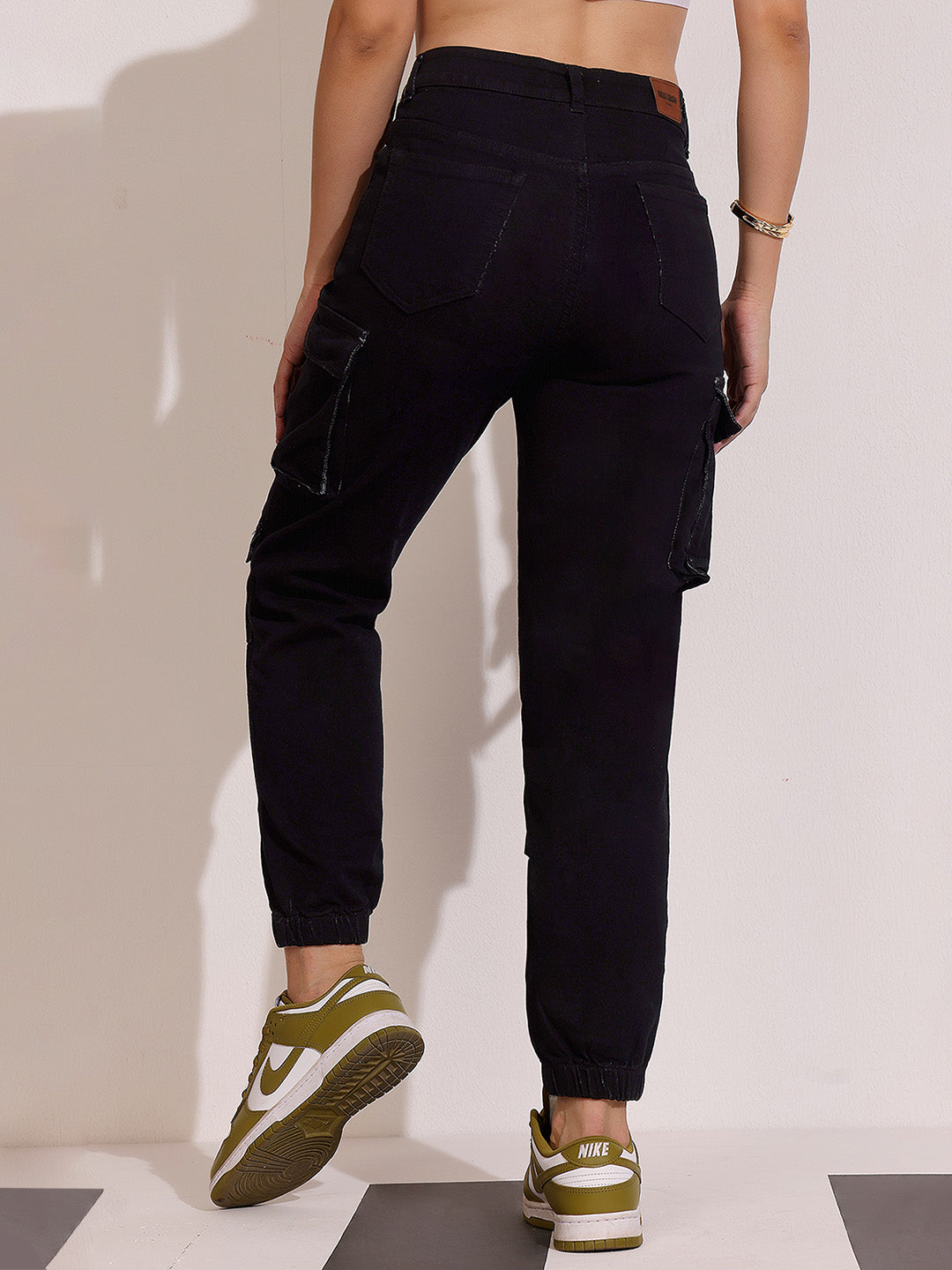 Black Regular High-Rise Clean-Look Regular Stretchable Denim Joggers for Women — Dolce Crudo