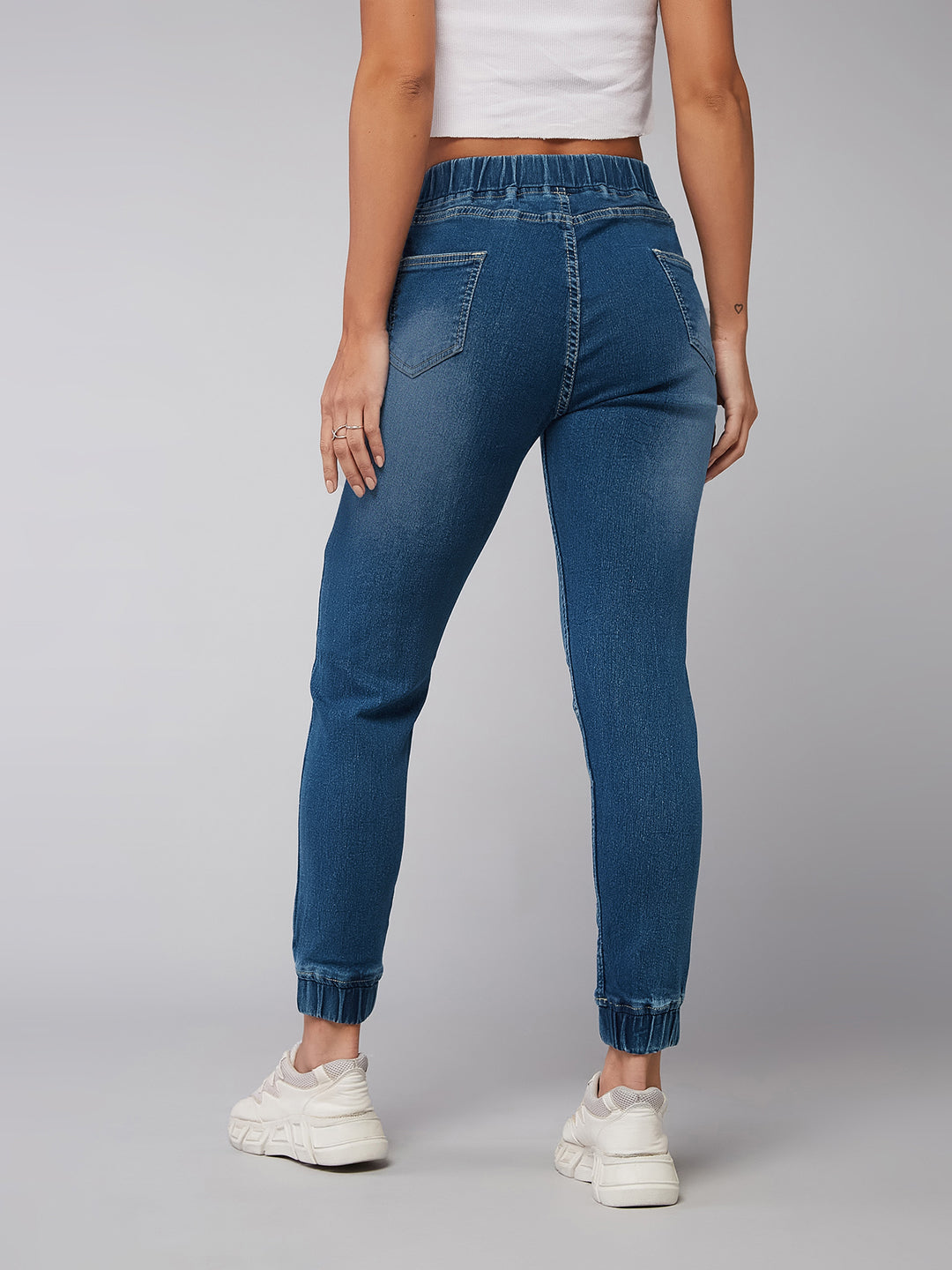 24/7 Comfort Navy Blue Relaxed Fit Mid Rise Scraped Denim Stretchable Jogger Pants