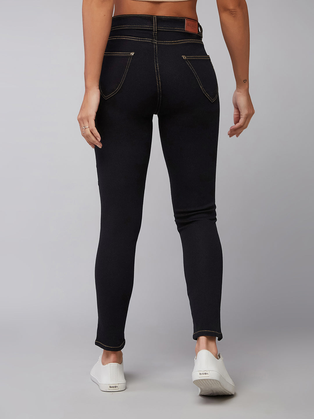 Women's Black Skinny High-Rise Side-Slit Solid Eyelet Embellished Cropped-Length Stretchable Denim Jeans