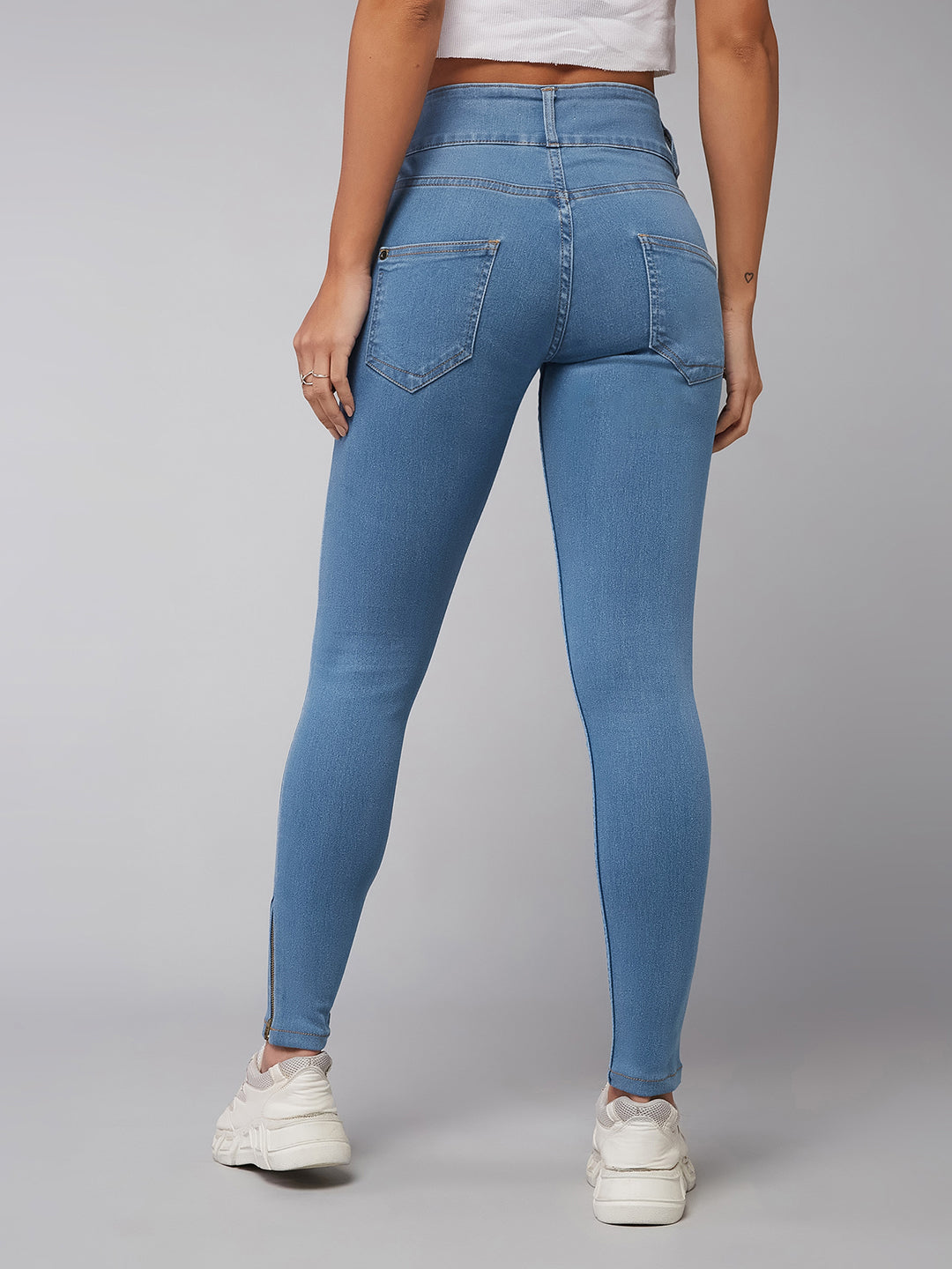 24/7 Comfort Blue Skinny High-Rise Broad Waist Band Zipper Detailing Denim Jeans