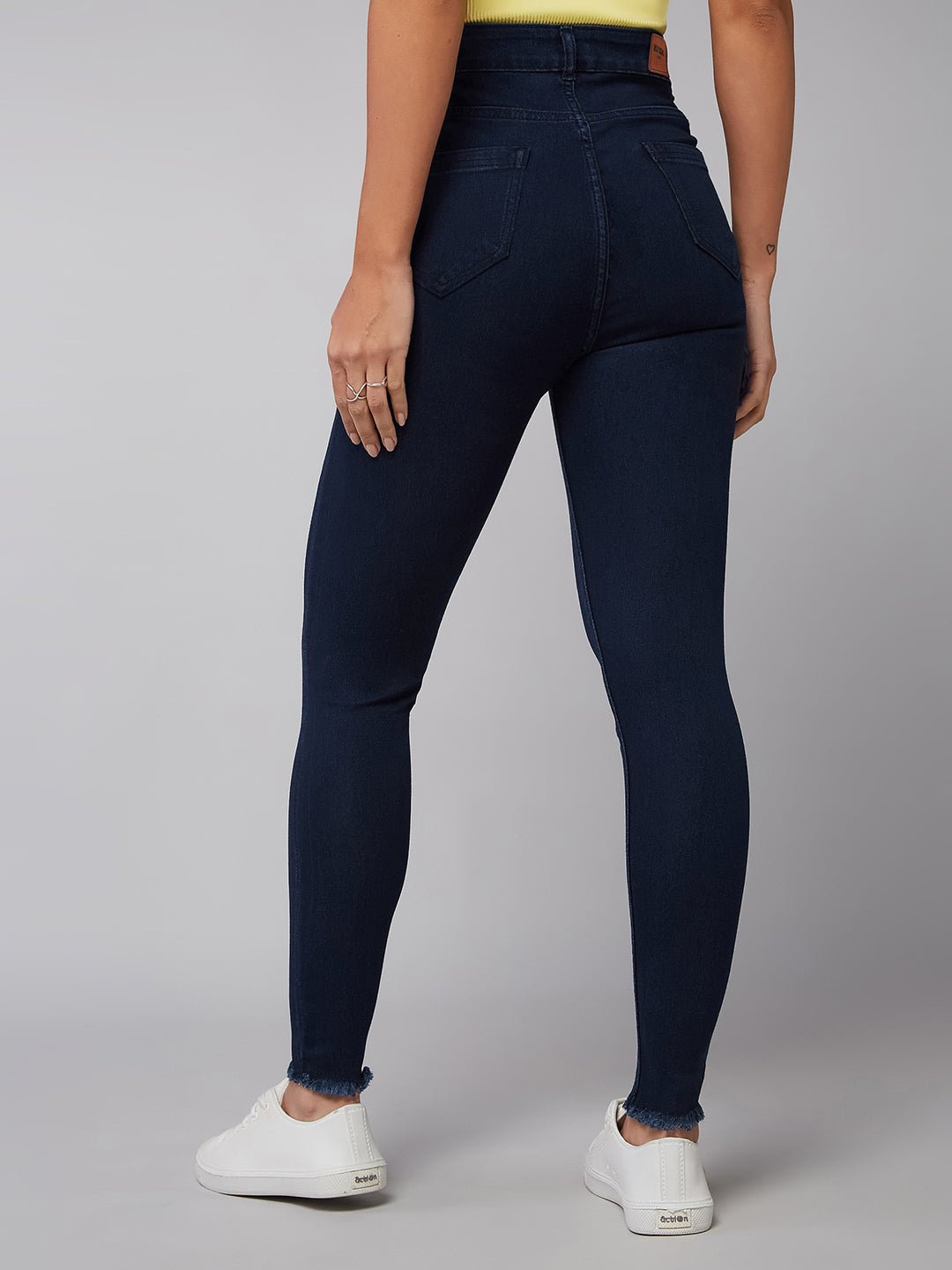 CHASEstretch™ Navy-Blue Skinny High-Rise Solid Fringed Hemline Denim Jeans