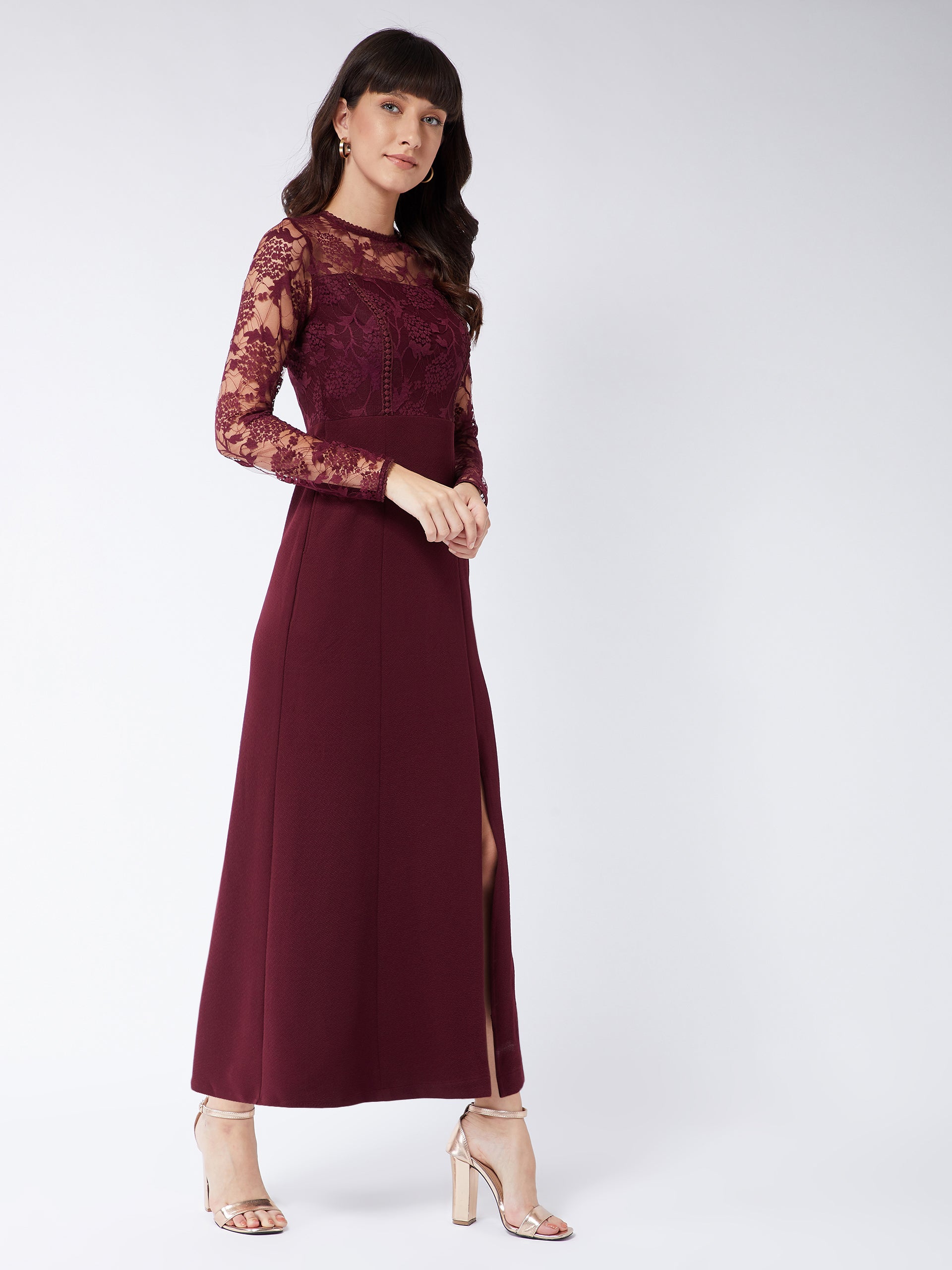 Red Floral Polyester Slim Fit Round Neck Full Sleeve Maxi Dress for Women