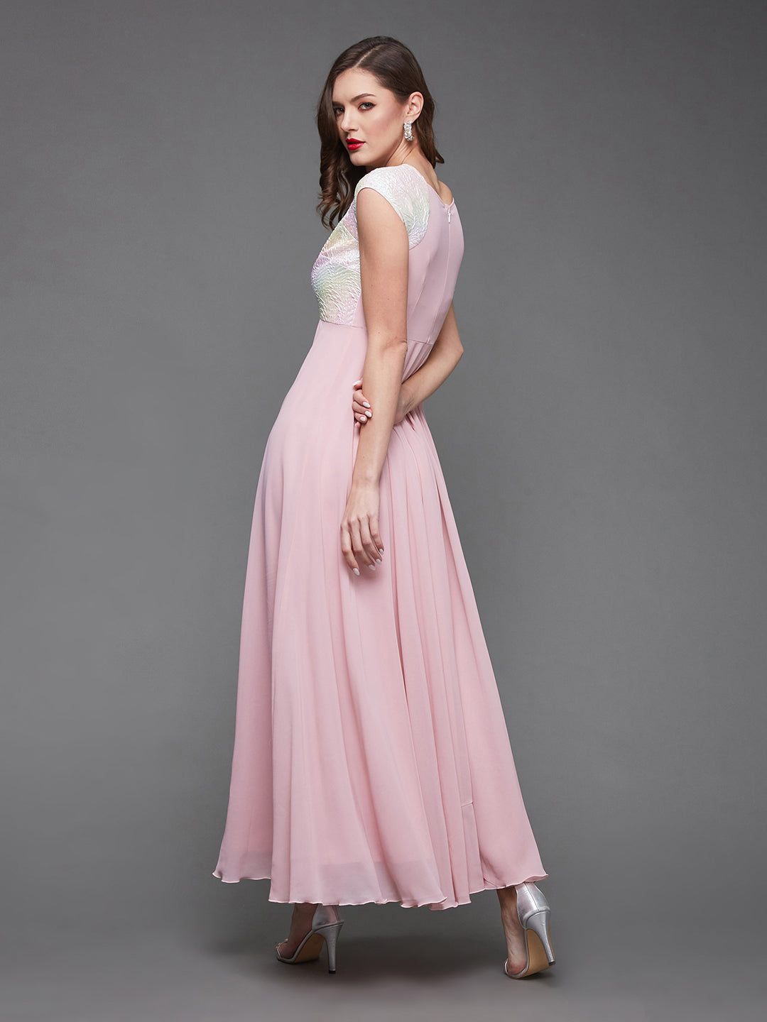 Dusty Pink Cap Sleeves Fit and Flare Maxi Dress Long Dress Frock for Women