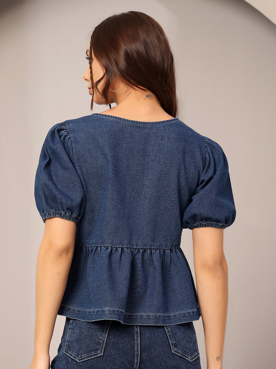 Women's Dark Blue Round Neck Puff Sleeve Solid Denim Peplum Top