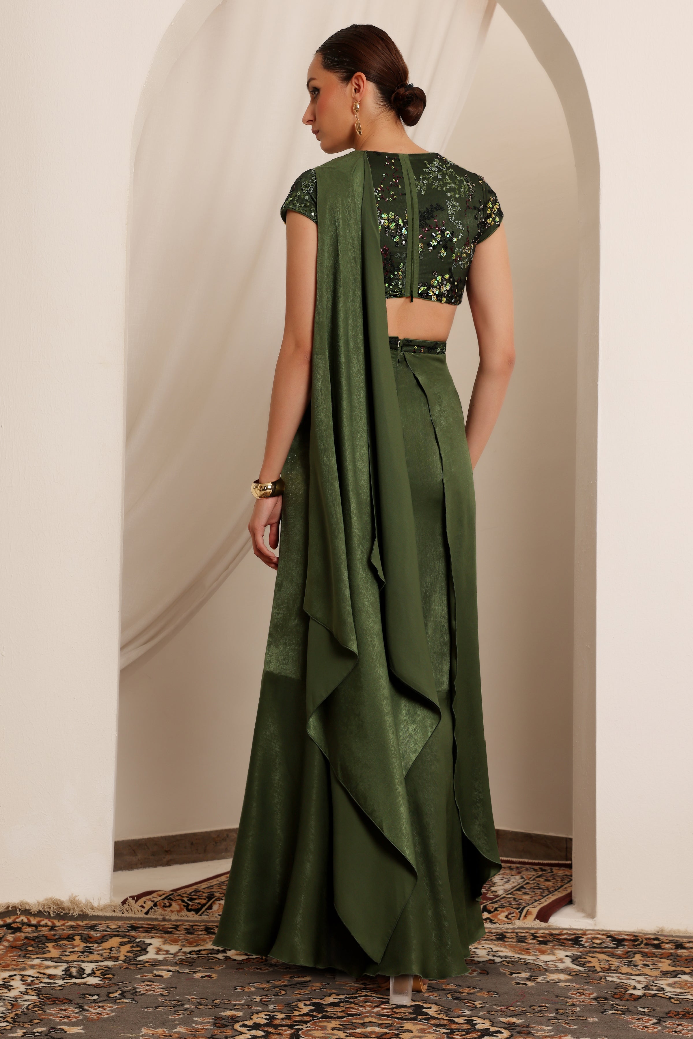 Women's Olive V-Neck Short-Sleeve Embellished Draped Maxi Velvet Dress