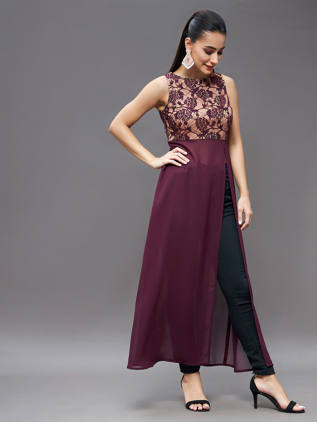 Women's Wine Boat Neck Sleeveless Self Design Lace Overlaid Polyester Maxi Top