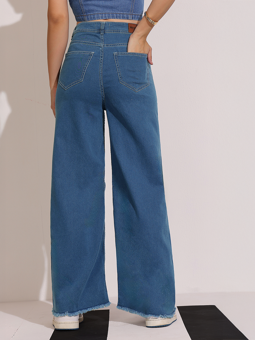 Women's Blue Wide-Leg High-Rise Clean-Look Regular-Length Stretchable Denim Jeans