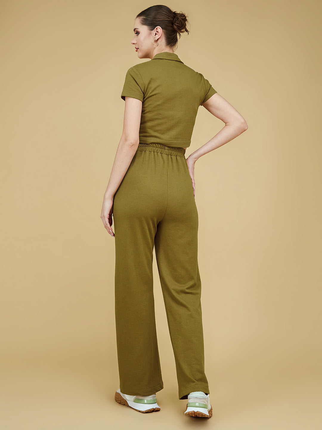 Women's Olive Green Shirt Collar Short Sleeve Solid Regular-Length Cotton Sporty Co-Ord Set