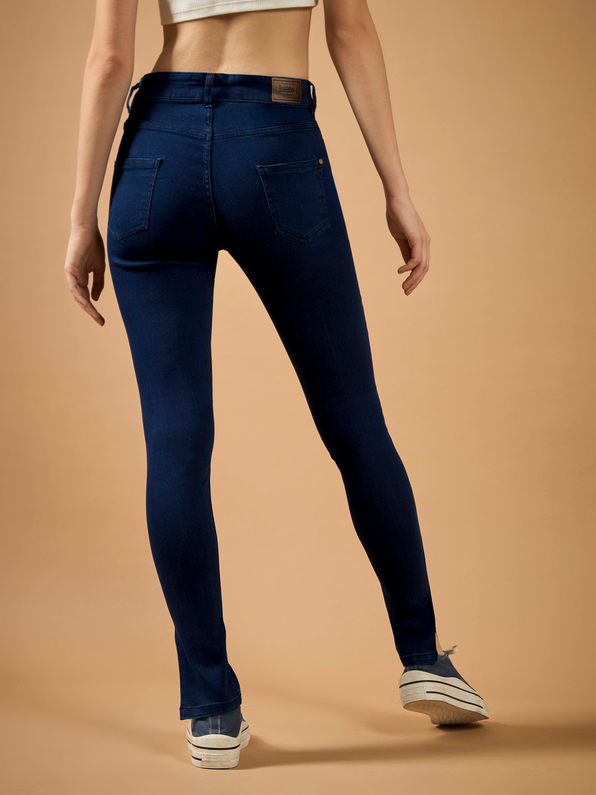 Navy-Blue Skinny-Fit Mid-Rise Cropped-Length Side-Slit Denim Stretchable Jeans for Women