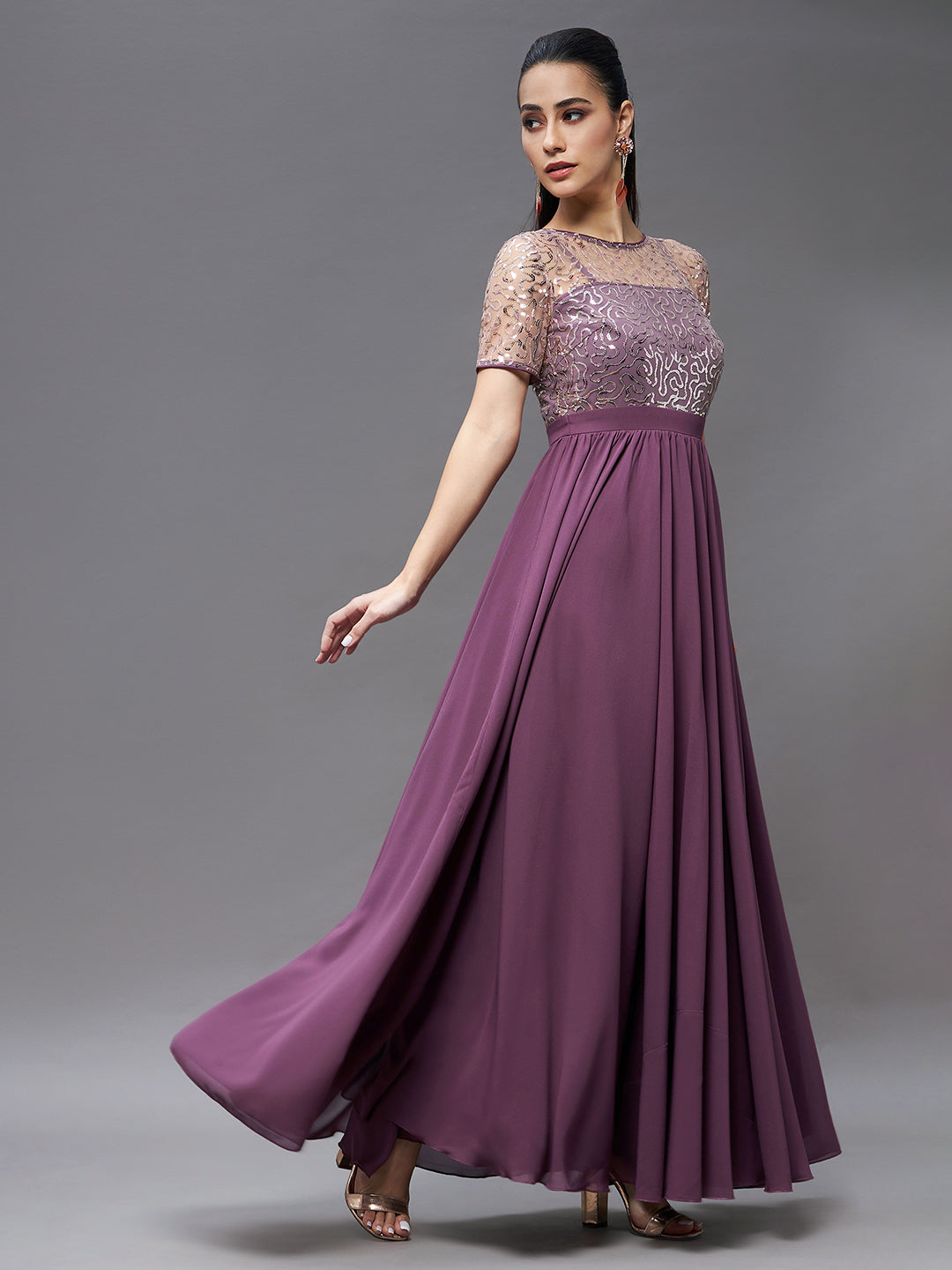 Mauve Short Sleeves Sequinned Maxi Dress Long Dress Frock for Women