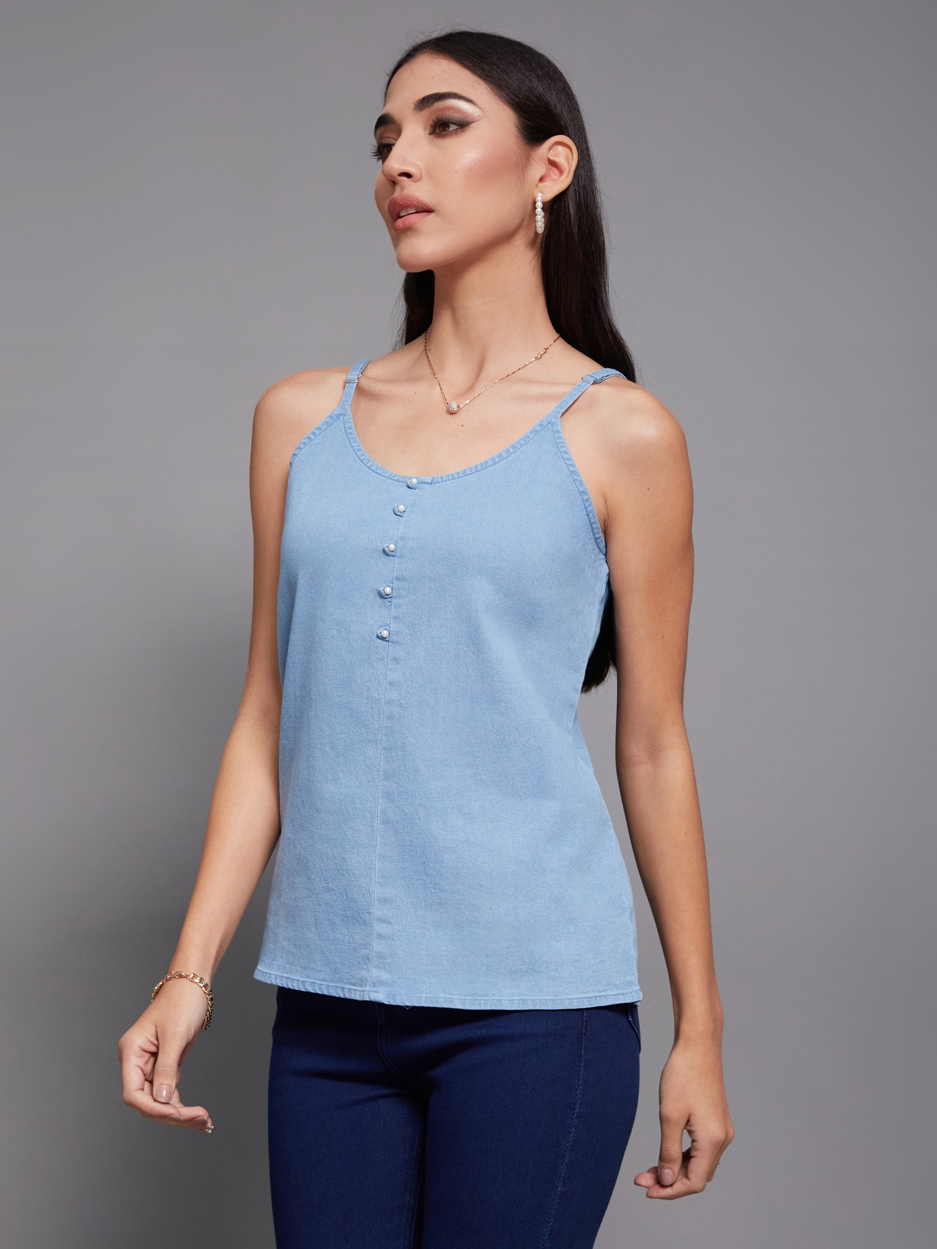 Women's Light Blue Straight Clean-Look Regular Denim Top