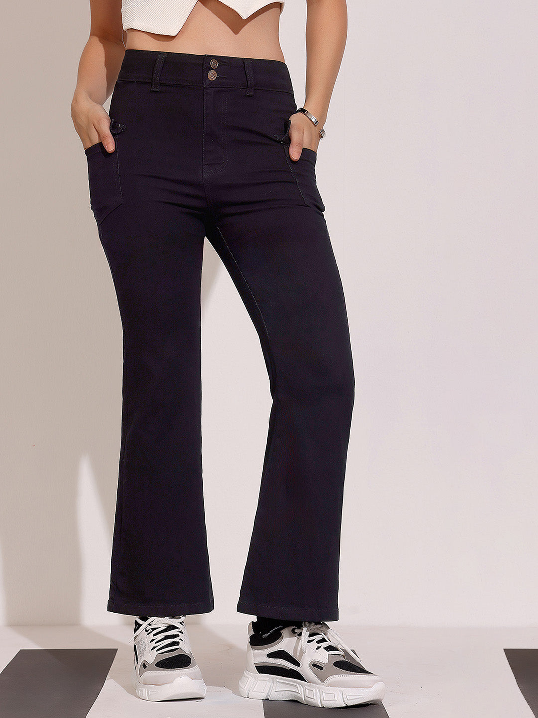 Black Bootcut High-Rise Clean-Look Regular-Length Stretchable Denim Jeans for Women