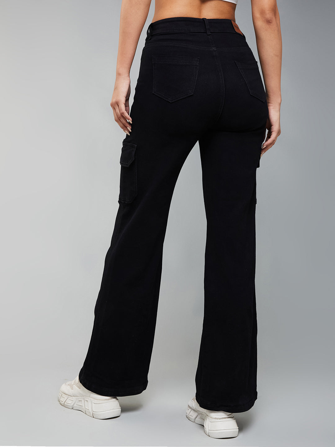 24/7 Comfort Black Wide-Leg High-Rise Patch Pocketed Stretchable Denim Jeans