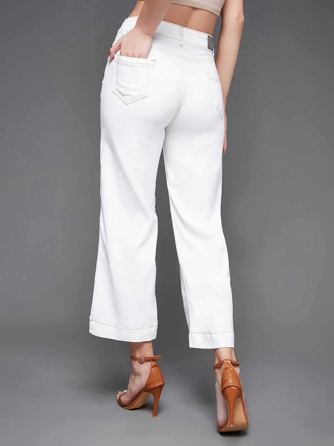 24/7 Comfort White Flared Mid-Rise Ankle length Stretchable Denim Jeans