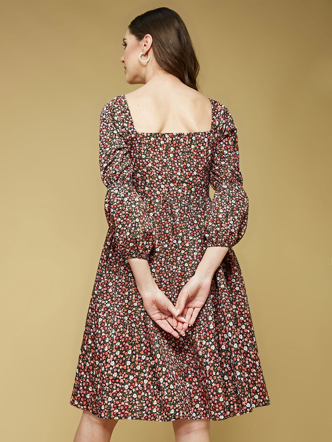 Women's Multicolored-Base-Black Square Bishop Sleeve Viscose Rayon Floral Gathered Above Knee Dress