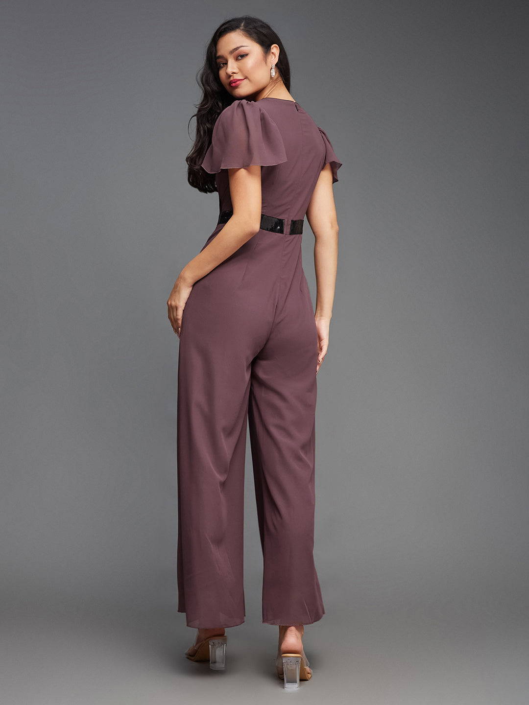 Women's Mauve Solid Relaxed Fit Short Sleeve V-Neck Ankle-Length Straight Jumpsuit
