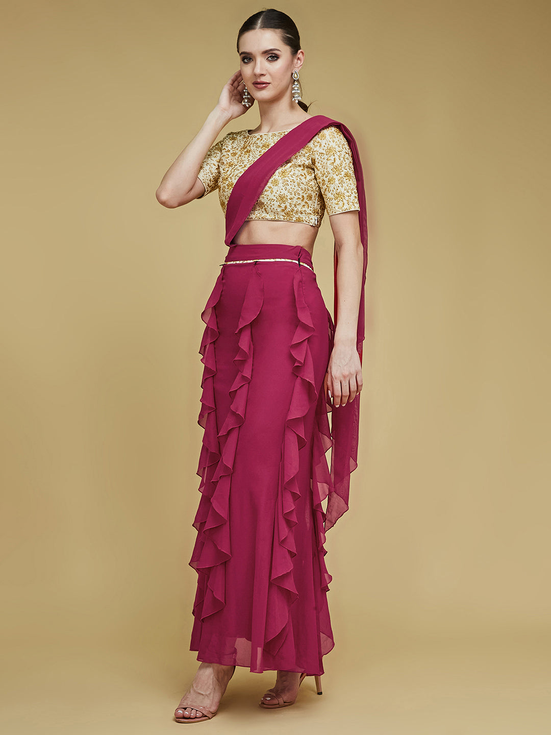 Women's Dark Pink Embroidered Boat Neck Half Sleeves Front Pocketed Frilled Maxi Co-Ord Set