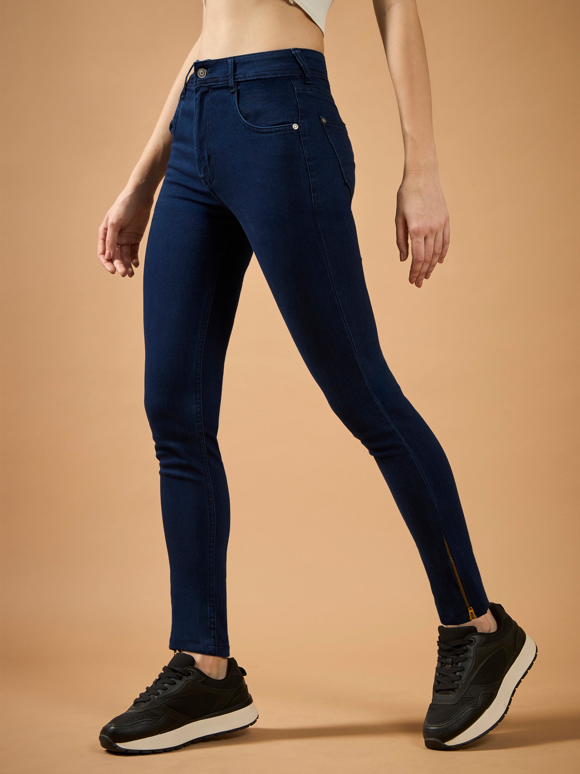 Navy-Blue Skinny-Fit Mid-Rise Cropped-Length Zipper Detailing Denim Stretchable Jeans for Women